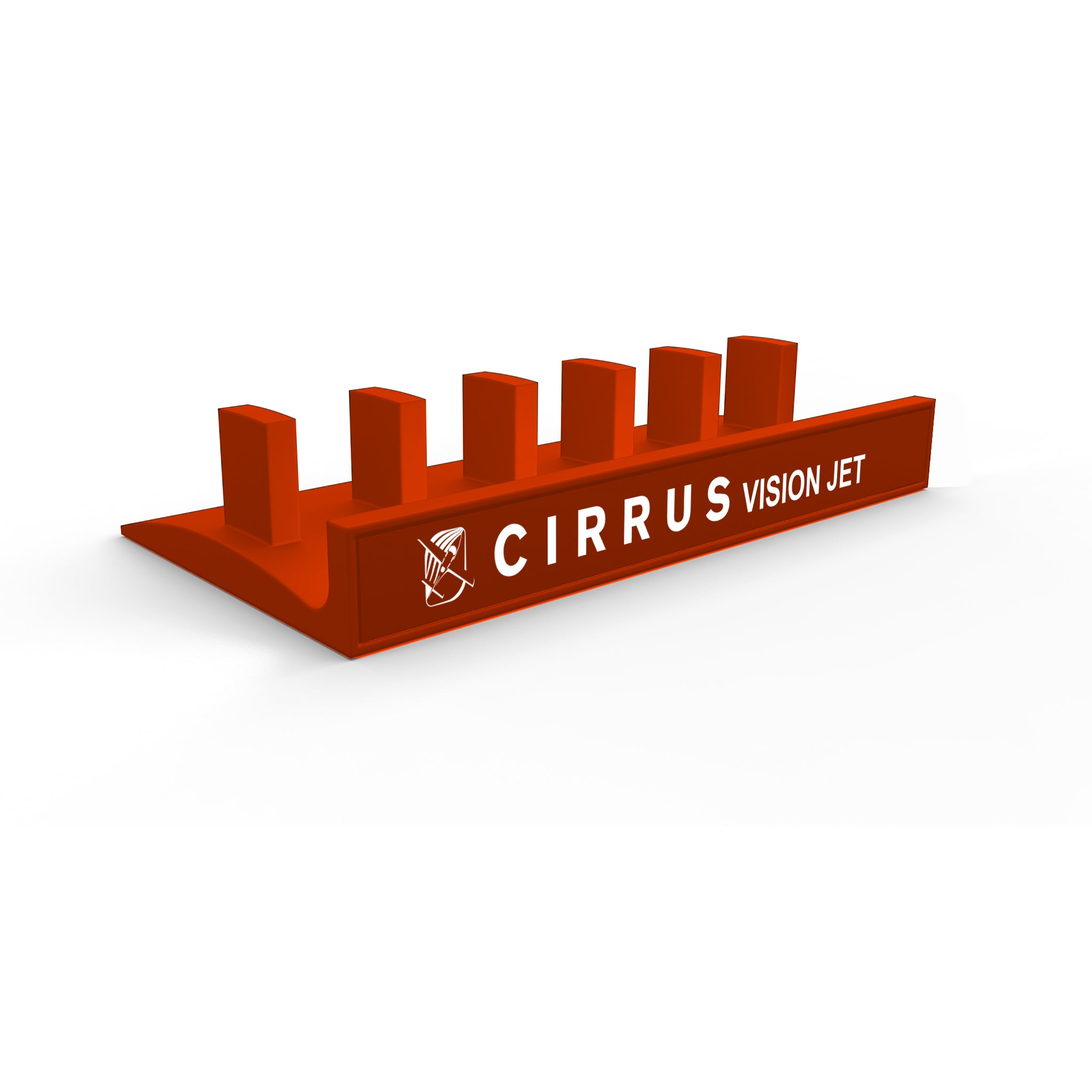 This stylish red stand from ProDeskSim, designed to resemble Honeycomb Bravo levers, is ideal for organizing keys with its six slots. It showcases "CIRRUS VISION JET" and a small aircraft logo on the side for an added touch of precision design.