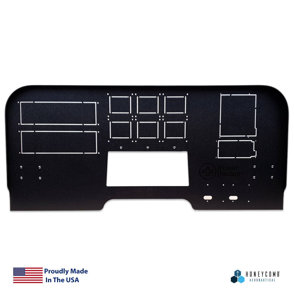 A black FV8H - Mid Profile 750/650 Cockpit Panel, displaying the Flight Velocity brand and multiple cutouts for instruments, is featured with a "Proudly Made in the USA" label. It is perfect for integration with RealSimGear GTN 750 or Honeycomb Alpha Flight Controls, enhancing realism.