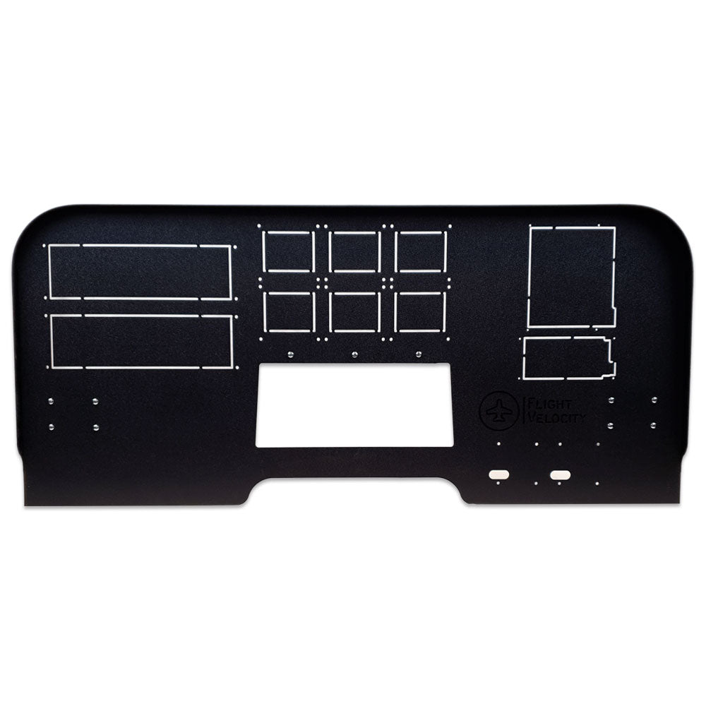 The FV8H - Mid Profile 750/650 Cockpit Panel by Flight Velocity is a black panel with cutouts for instruments and displays, designed to accommodate Saitek/Logitech Pro Flight components and RealSimGear GTN 750. It features outlined sections indicating placements for Honeycomb Alpha Flight Controls.