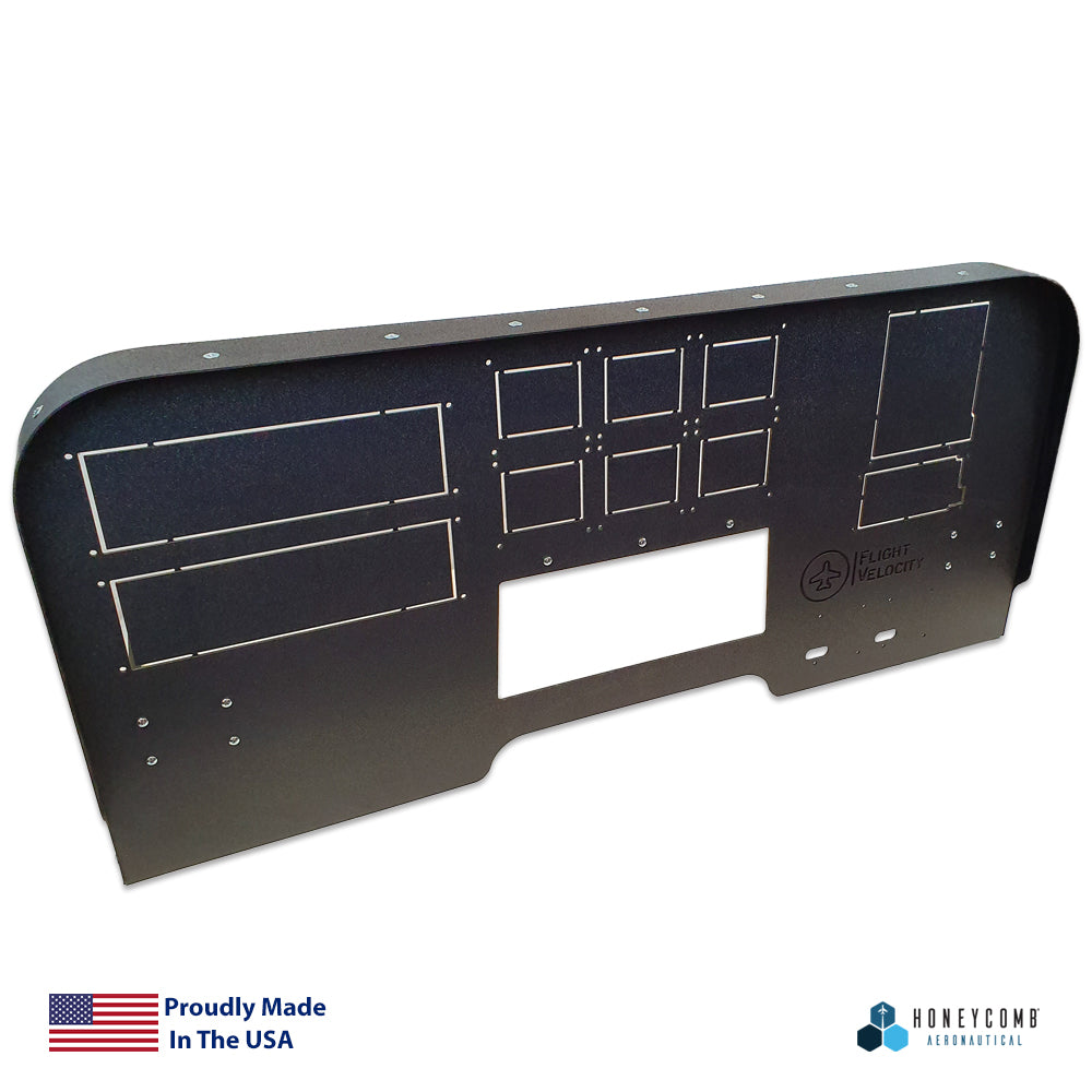 The Flight Velocity FV8H Mid Profile 750/650 Cockpit Panel features an integrated design in black, accommodating the Honeycomb Aeronautical flight sim controls with cutouts fitting various instruments such as the RealSimGear GTN 750 and screens. The bottom left showcases a small American flag, while the Honeycomb Alpha Flight Controls logo is positioned at the bottom right.