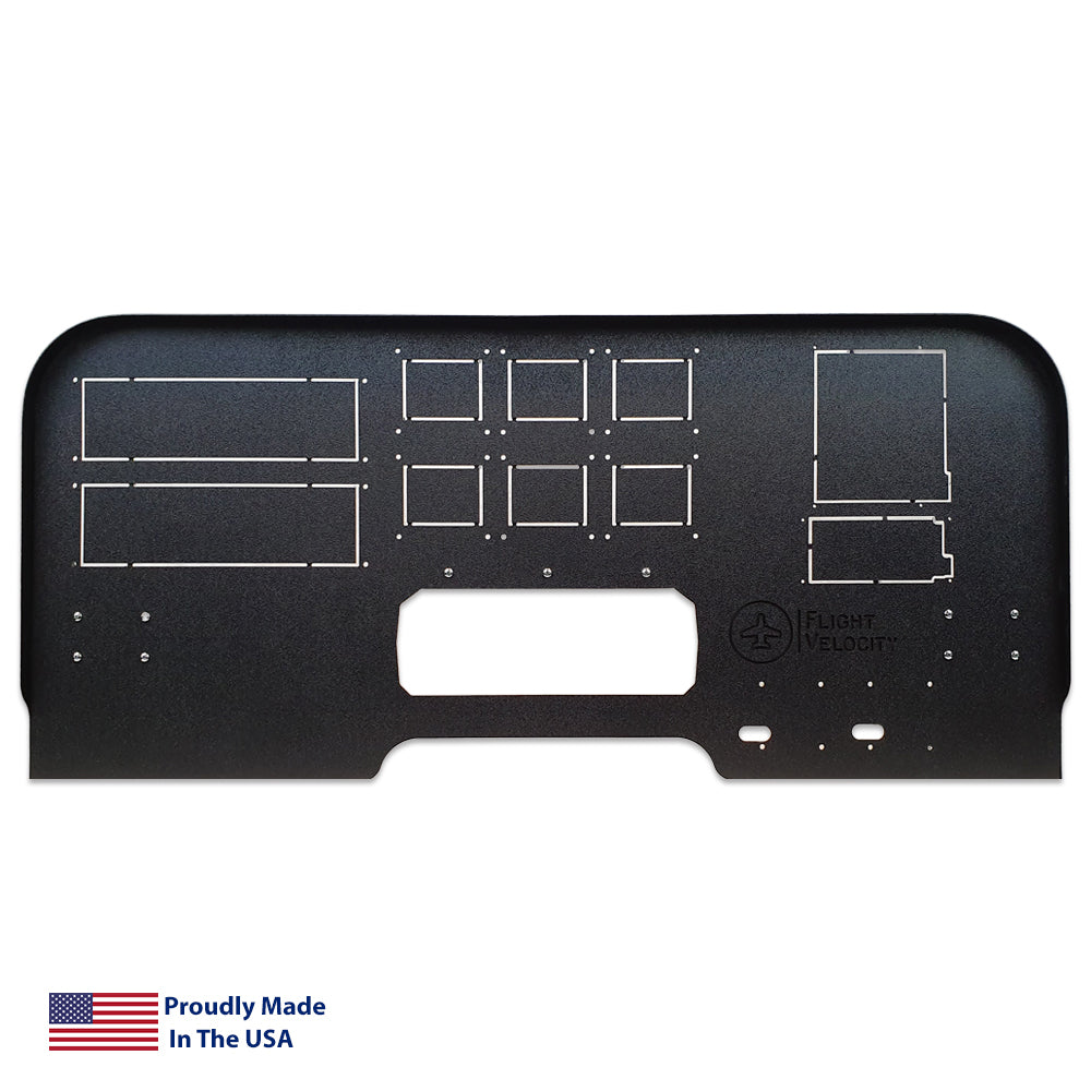 A stylish black FV8 - Mid Profile 750/650 Cockpit Panel features various rectangular cutouts and labeled sections designed for flight simulation. It proudly displays the "Flight Velocity" logo in the bottom right corner, accompanied by a small U.S. flag and the text "Proudly Made in the USA," making it perfect for integrating GTN 750 and GTN 650 systems.