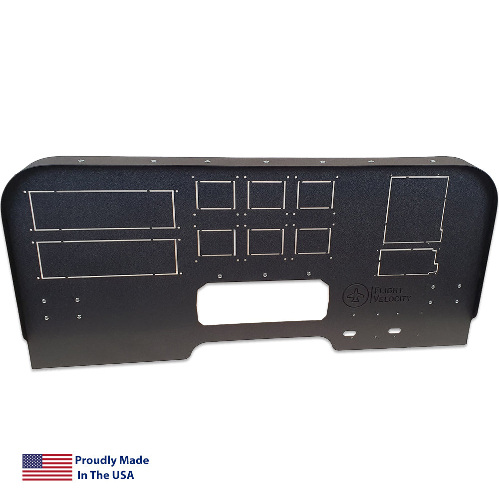 The FV8 - Mid Profile 750/650 Cockpit Panel by Flight Velocity is designed in black and includes various cutouts for instruments, specifically accommodating the GTN 750 and GTN 650 controls. The panel features the "Flight Velocity" logo in the bottom right corner, while a USA flag accompanied by "Proudly Made in the USA" text is displayed on the lower left.