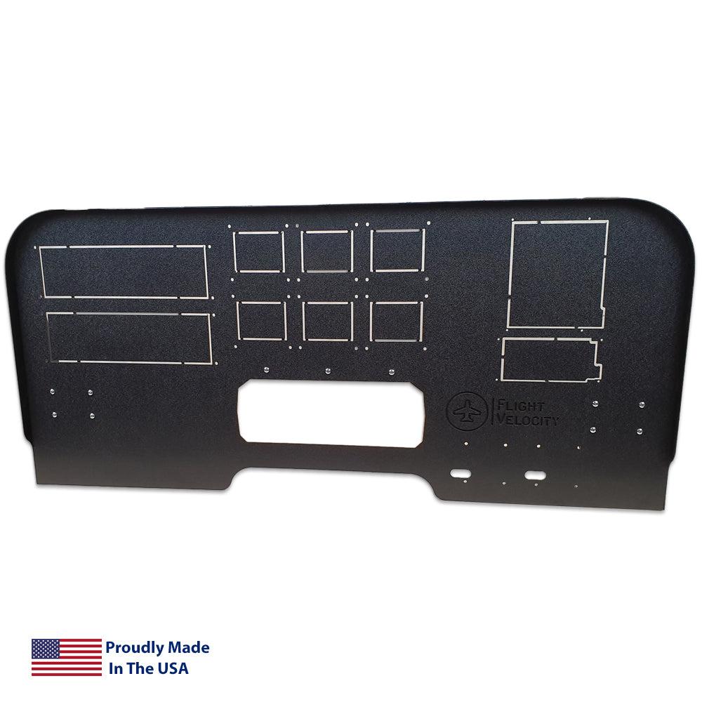 The FV8 - Mid Profile 750/650 Cockpit Panel by Flight Velocity is a sleek black panel featuring multiple cutouts for instruments and screens, compatible with GTN 750 and GTN 650. It is adorned with markings, the Flight Velocity logo, and a small American flag in the bottom left corner along with the phrase "Proudly Made In The USA.