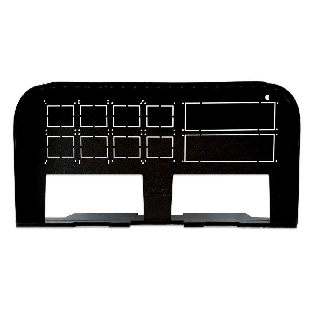 The Flight Velocity Pro Series Model 2 - FVPro2 by Flight Velocity is a black metal bracket with rectangular cutouts and rounded corners, designed to mount hardware components such as the Honeycomb Alpha Yoke. This bracket provides multiple slot configurations to enhance the flight simulation experience with a variety of sizes and shapes.