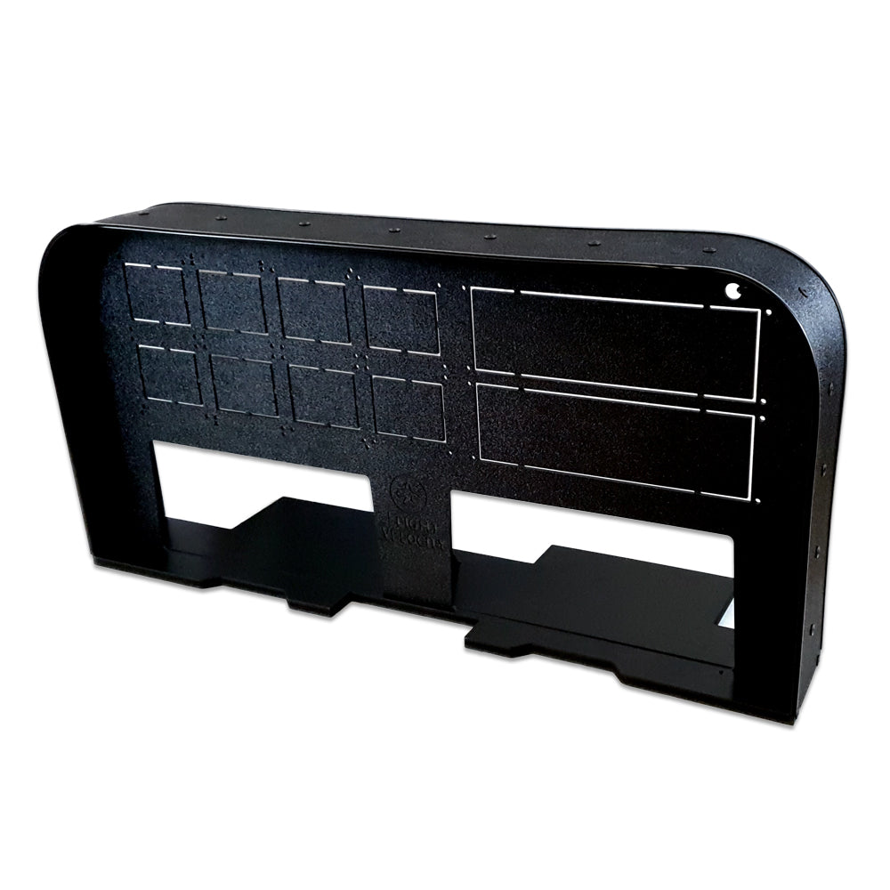 The Flight Velocity Pro Series Model 2 - FVPro2 by Flight Velocity is a sleek metal storage stand, designed with multiple slots and a curved top, ideal for organizing your flight sim setup. Its black finish and rectangular cutouts make it an excellent match for devices such as the Honeycomb Alpha Yoke.