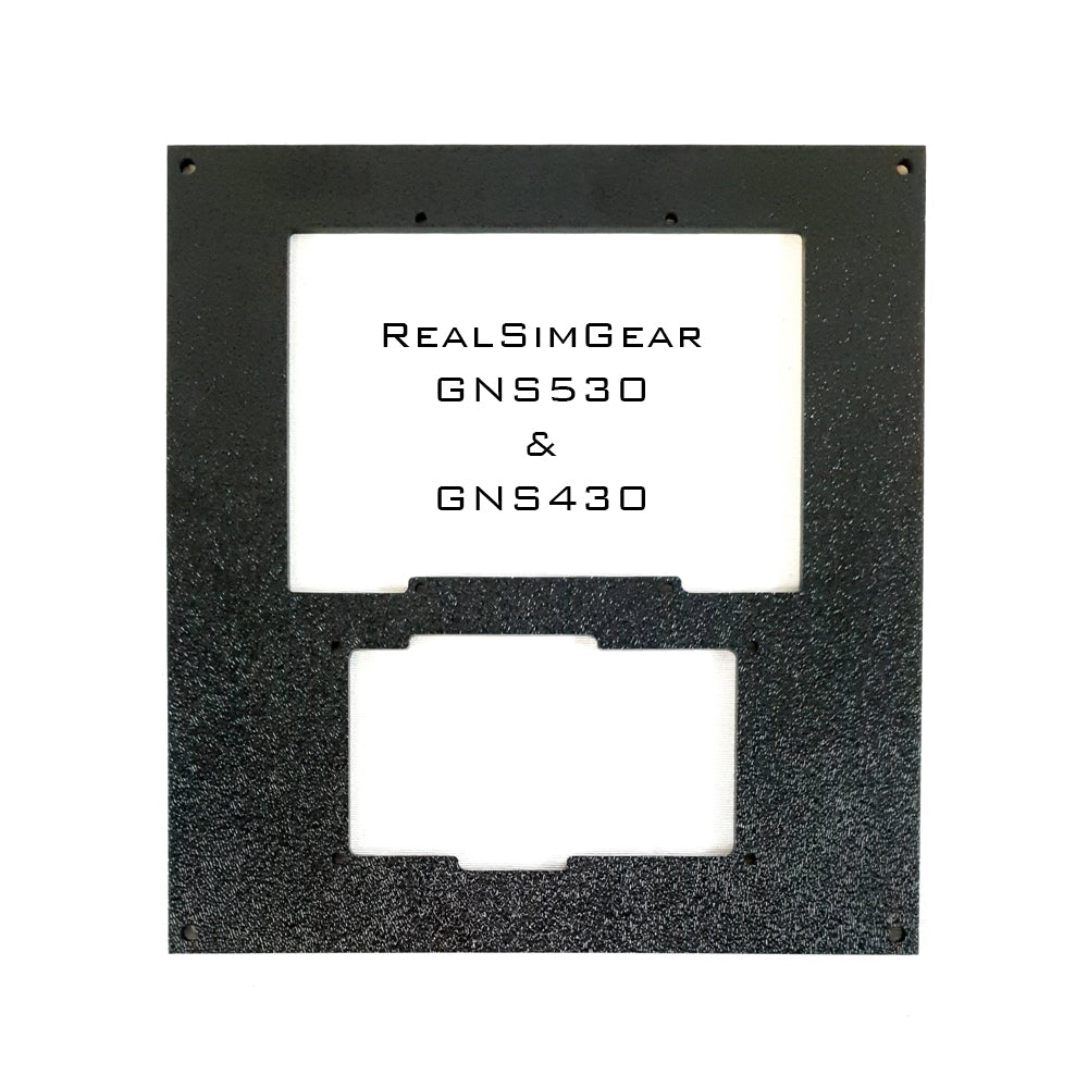 A RealSimGear panel in black, featuring cutouts for GNS530 and GNS430 and designed specifically for flight simulators, integrates seamlessly with the Flight Velocity Pro Series Model 3 (FVPro3). This avionics adapter plate is labeled in white text and offers a modular mounting system to enhance versatility.