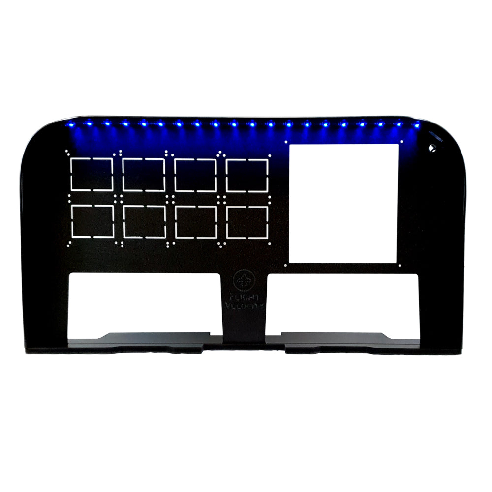 Introducing the Flight Velocity Pro Series Model 3 (FVPro3) by Flight Velocity: a sleek black metal rack, designed with a grid of small rectangles and highlighted by blue LED lights at the top. It includes two larger rectangular slots on the right side, perfect for integrating networking or electronic equipment into this modular mounting system.