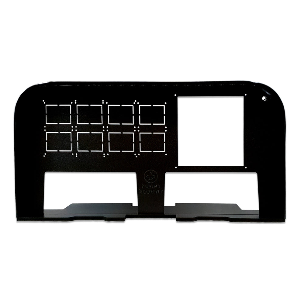 A black metal panel featuring multiple rectangular cutouts arranged in rows and columns on a white background, resembling the avionics adapter plate from the Flight Velocity Pro Series Model 3 - FVPro3 by Flight Velocity. This modular mounting system is perfect for efficiently organizing electronic components.