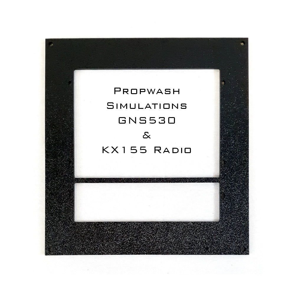 A black rectangular mounting plate with two openings, part of the Flight Velocity Pro Series Model 3 - FVPro3 modular mounting system by Flight Velocity, is labeled "Propwash Simulations GNS530 & KX155 Radio" in black text on the white background of the openings.