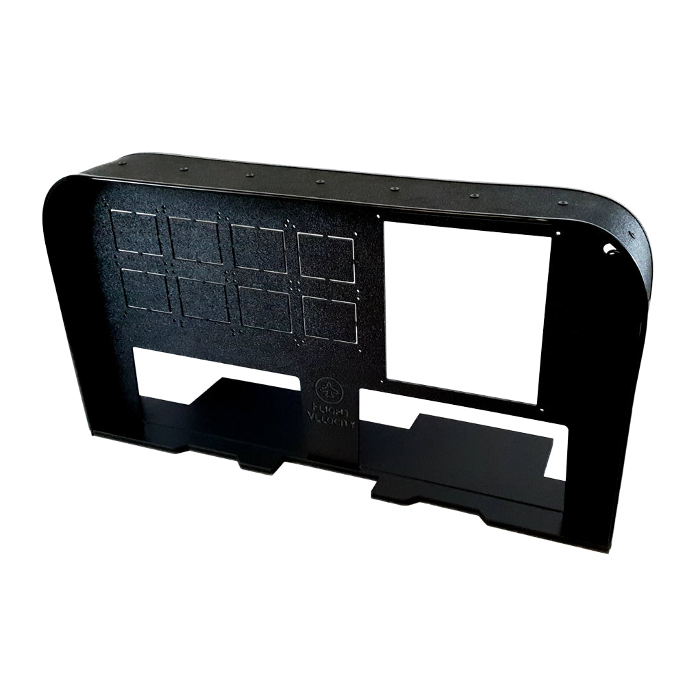 The Flight Velocity Pro Series Model 3 (FVPro3) is a black, rectangular electronic enclosure. It features multiple square cutouts on the left and a larger rectangular cutout on the right. The design includes a rounded top edge and is engineered as part of Flight Velocity's modular mounting system for housing electronic components.