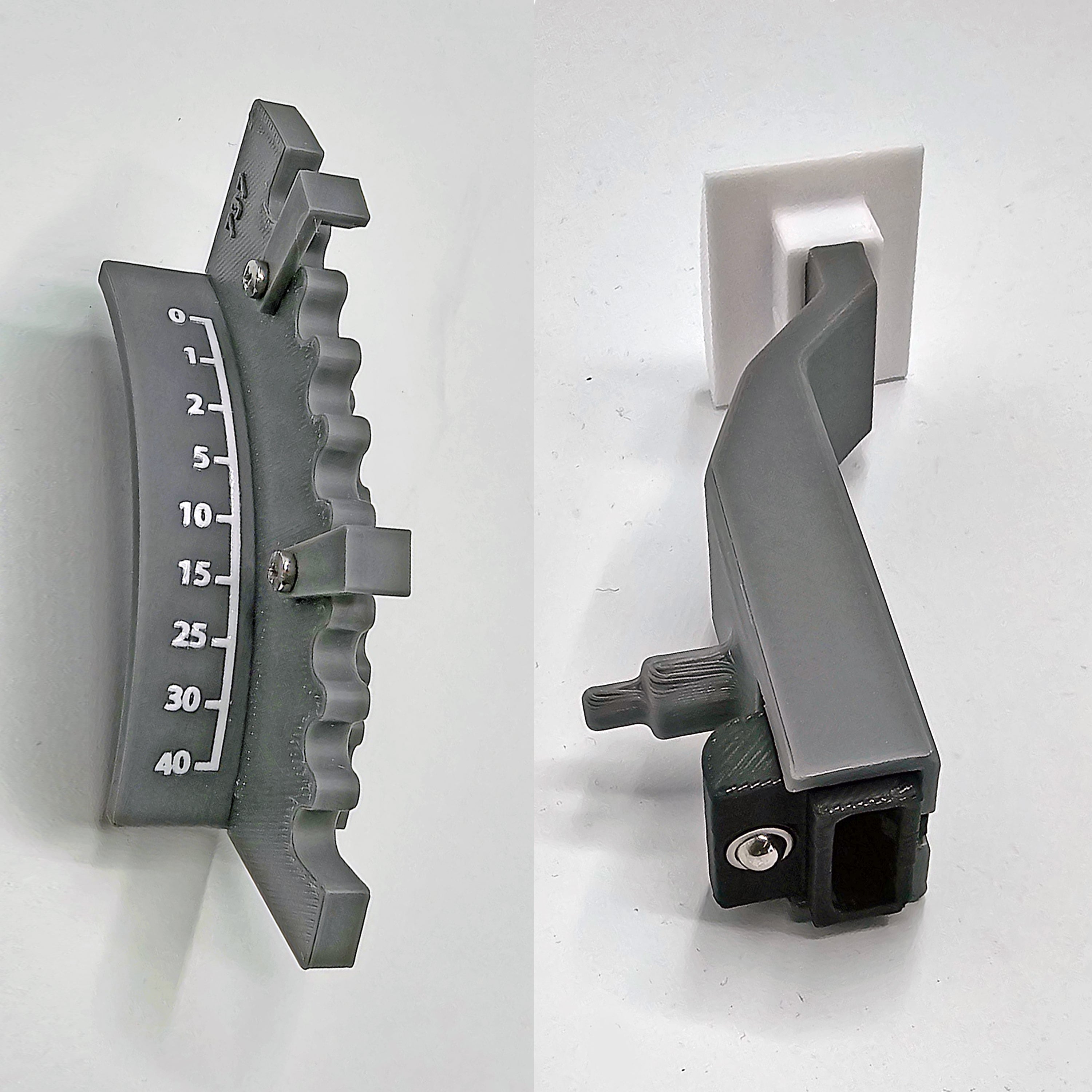 Two views of the gray Prodesksim Boeing 737/757/767/777/787 Spring realistic and professional Spring Loaded flaps + Gate: left shows a curved 0–40 gauge, right displays the knob and attachment—perfect for flight sim use. White background.