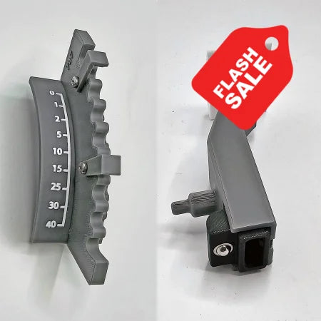Two views of the gray Prodesksim Boeing 737/757/767/777/787 Spring realistic and professional Spring Loaded flaps + Gate: left shows a curved 0–40 gauge, right displays the knob and attachment—perfect for flight sim use. White background.