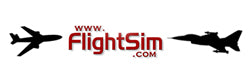 Logo of FlightSim.com with silhouettes of two aircraft: a commercial plane on the left and a fighter jet on the right. The text "www.FlightSim.com" is centered in red between them.