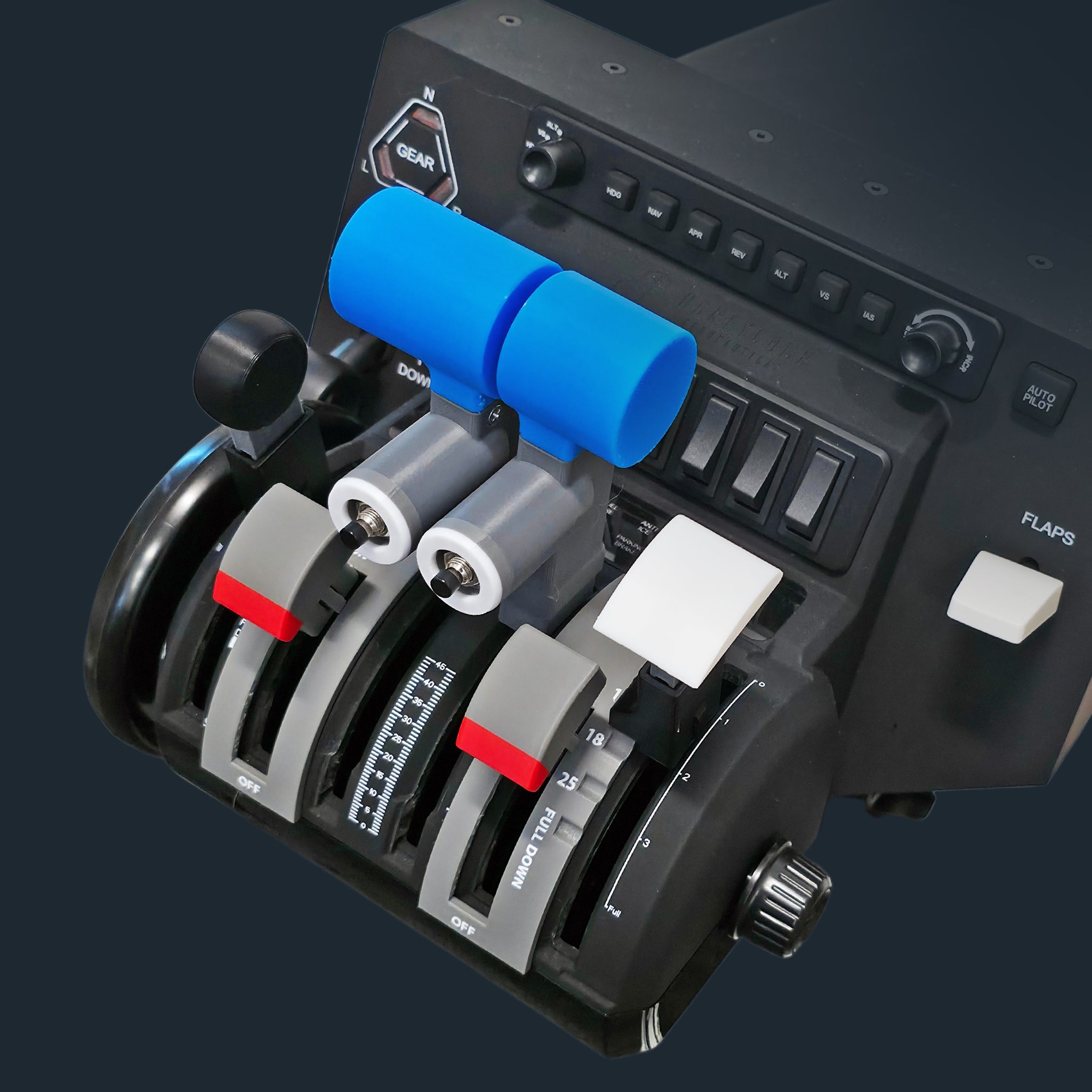 A close-up of the NEW! ProDeskSim Fokker 28 addon for Honeycomb Bravo throttle quadrant by Prodesksim, featuring 6 levers, detent flaps, and 2 functional buttons—ideal for realistic Fokker 28 flight simulation controls.