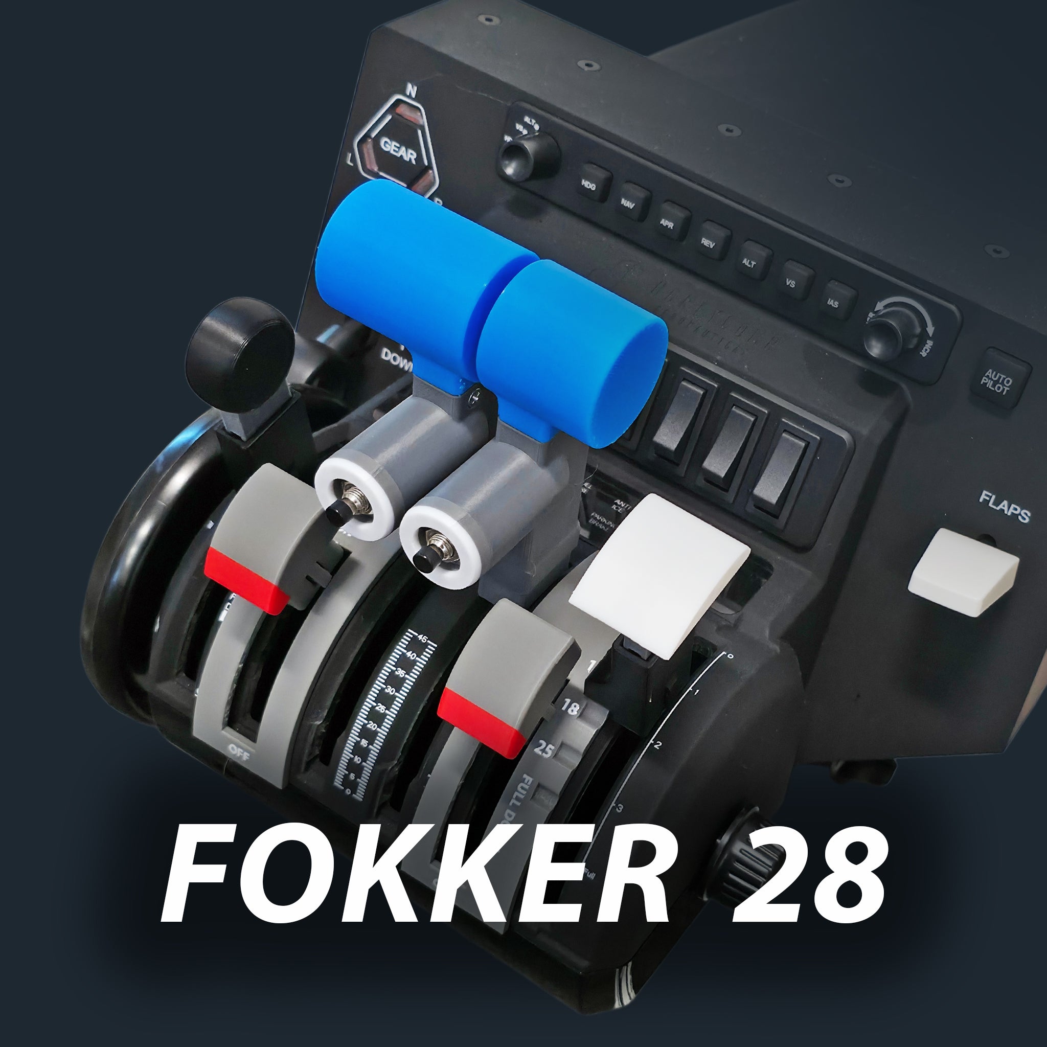 Close-up of the Prodesksim NEW! ProDeskSim Fokker 28 addon for Honeycomb Bravo throttle quadrant, with 6 labeled levers, detent flaps, and 2 buttons. "FOKKER 28" is shown in bold white text. Ideal for flight sim fans.