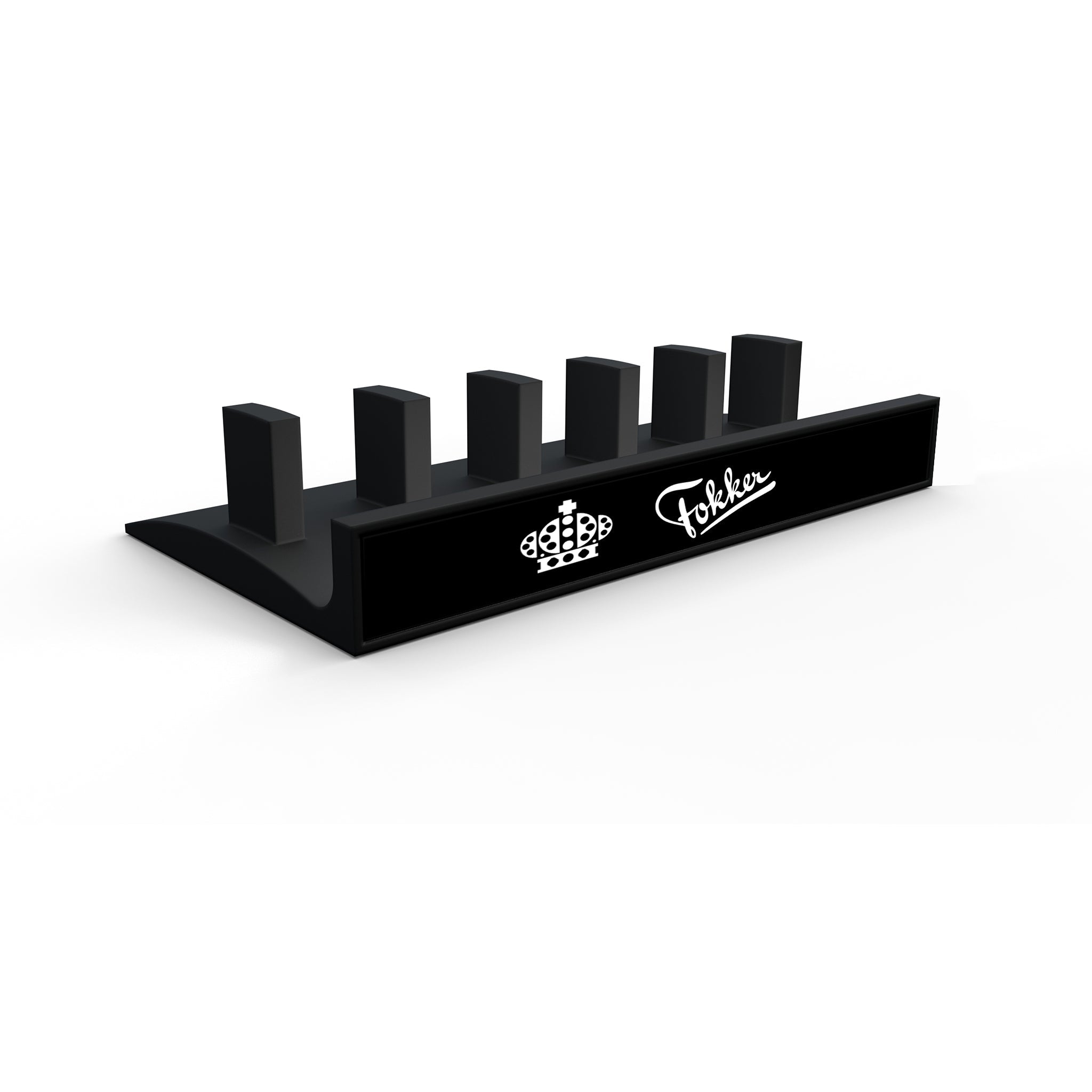 The Prodesksim Honeycomb Bravo Add-on ORGANZISER is a black stand with five upright slots and white logos, including a crown design and "Fokker" script. Perfect for organizing Honeycomb Bravo or ProDeskSim levers and handles.
