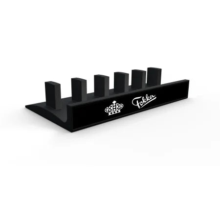 The Prodesksim Honeycomb Bravo Add-on ORGANZISER is a black stand with five upright slots and white logos, including a crown design and "Fokker" script. Perfect for organizing Honeycomb Bravo or ProDeskSim levers and handles.