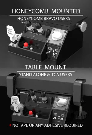 Two close-up images of the Prodesksim Stand Alone B7X7 Panel—one mounted on a Honeycomb Bravo base, the other table-mounted—highlight its switches and labels, showing desktop flight simulator compatibility.