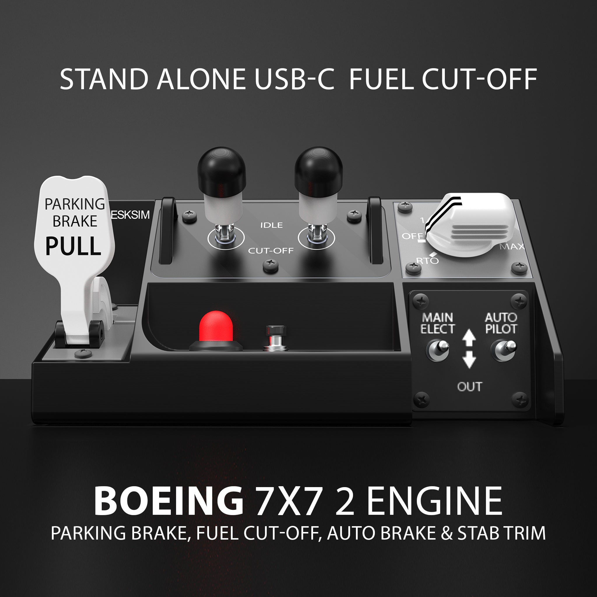 The Prodesksim Stand Alone B7X7 2-Engine Panel features fuel cut-off, auto brake, parking brake, and stab trim controls—ideal for home cockpits or desktop simulators, with detailed labels and USB-C power.