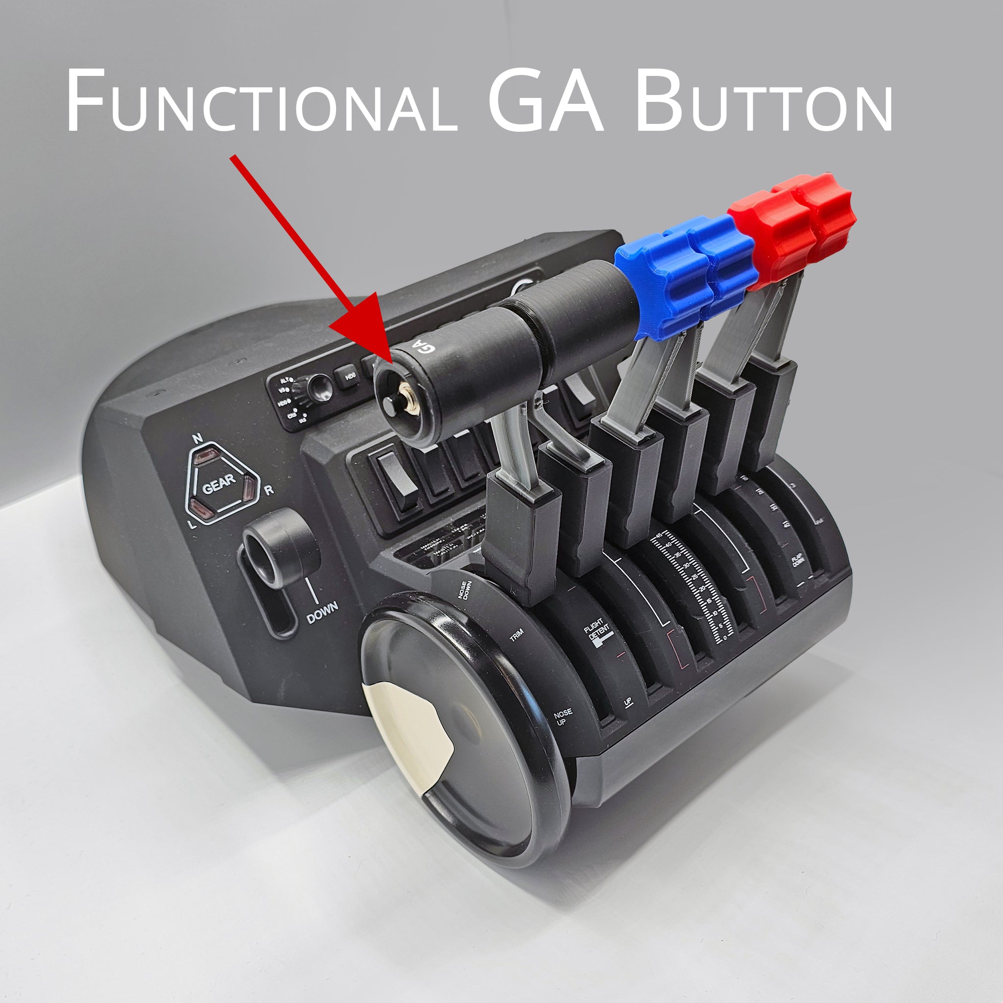 A Prodesksim Honeycomb Bravo G58 Baron Advance throttle quadrant for flight simulation is displayed, featuring a "Functional GA Button" on throttle #1 for twin-engine piston. It includes realistic throttle/fuel mixture/prop pitch handles with red and blue knobs, alongside a dial, all set against a gray background.