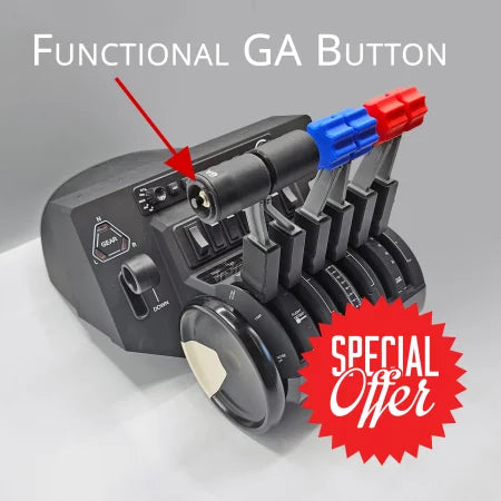 A Prodesksim Honeycomb Bravo G58 Baron Advance throttle quadrant for flight simulation is displayed, featuring a "Functional GA Button" on throttle #1 for twin-engine piston. It includes realistic throttle/fuel mixture/prop pitch handles with red and blue knobs, alongside a dial, all set against a gray background.