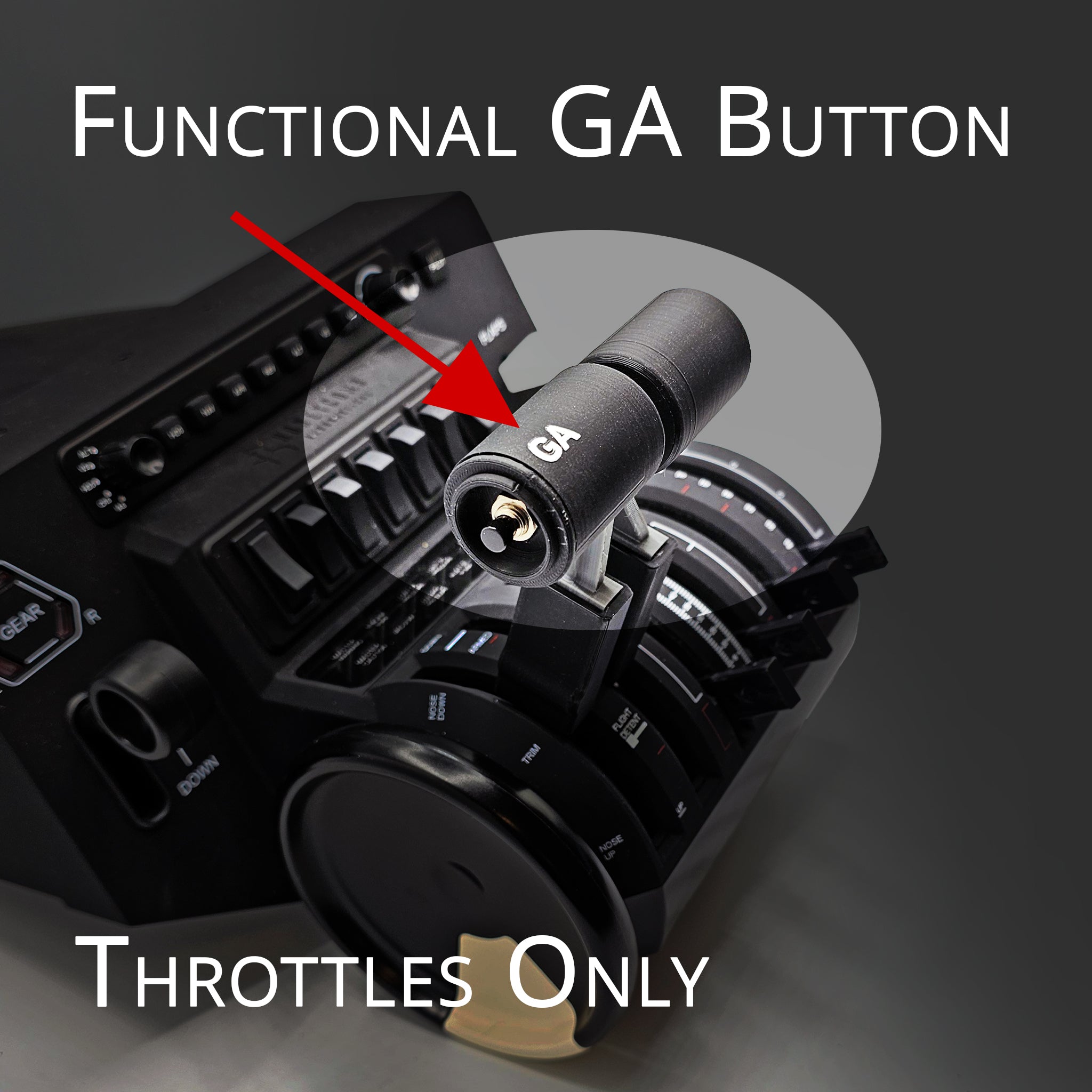 The Honeycomb Bravo G58 Baron throttles from Prodesksim include a prominently labeled "GA" button, highlighted by a red arrow. The background text reads "Functional GA Button" and "Throttles Only," making it ideal for aircraft like the G58 Baron.