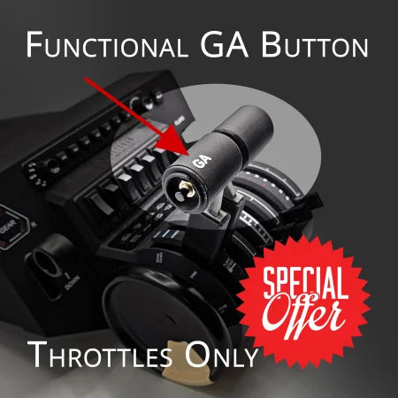 The Honeycomb Bravo G58 Baron throttles from Prodesksim include a prominently labeled "GA" button, highlighted by a red arrow. The background text reads "Functional GA Button" and "Throttles Only," making it ideal for aircraft like the G58 Baron.