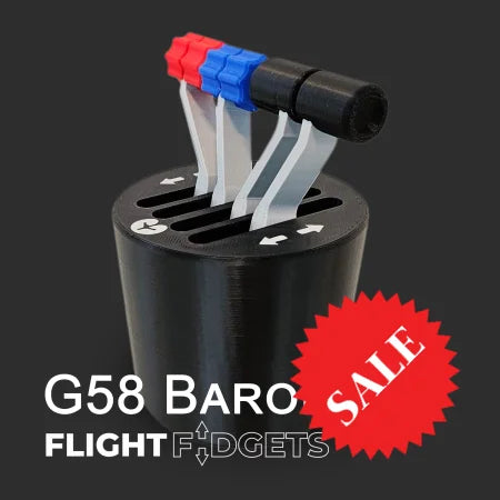 The G58 Baron - The Cup Holder Flight Fidget by FlightFidgets.com is a black desk toy with three levers (two blue, one red) and labels. Ideal for airplane lovers, it fits stylishly on any desk or in a cup holder.