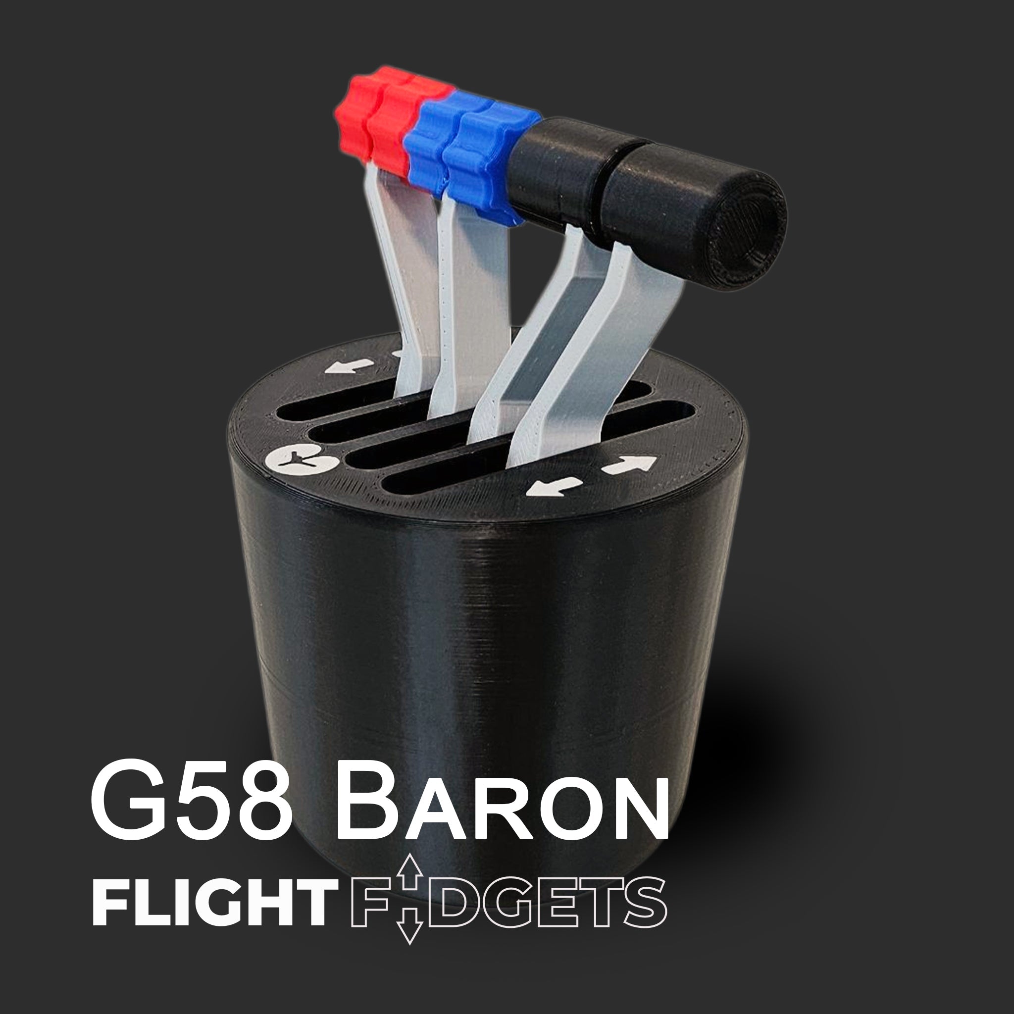 The G58 Baron - The Cup Holder Flight Fidget by FlightFidgets.com is a black desk toy with three levers (two blue, one red) and labels. Ideal for airplane lovers, it fits stylishly on any desk or in a cup holder.