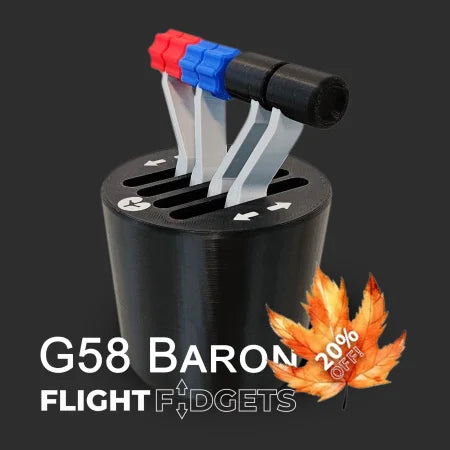 The G58 Baron - The Cup Holder Flight Fidget by FlightFidgets.com is a black desk toy with three levers (two blue, one red) and labels. Ideal for airplane lovers, it fits stylishly on any desk or in a cup holder.