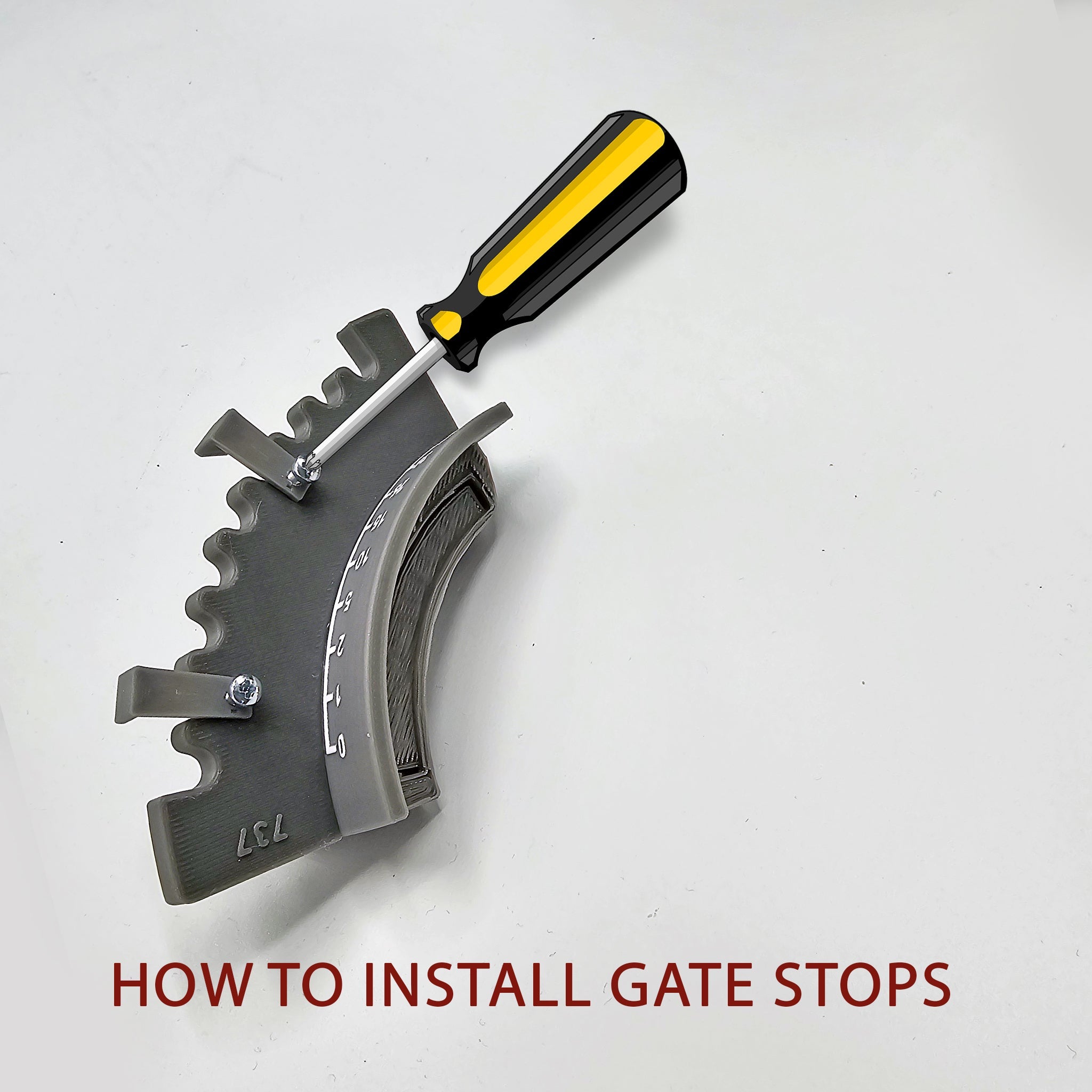 A Prodesksim gate stop with a jagged edge is securely fastened with screws to complete your flight simulation setup. A screwdriver is conveniently placed nearby for easy installation. The phrase "HOW TO INSTALL GATE STOPS" is prominently displayed at the bottom in red, echoing the experience of setting throttle levers on the NEW! ProDeskSim Full Boeing Advanced Full Package for Honeycomb Bravo and flight simulator add-ons.