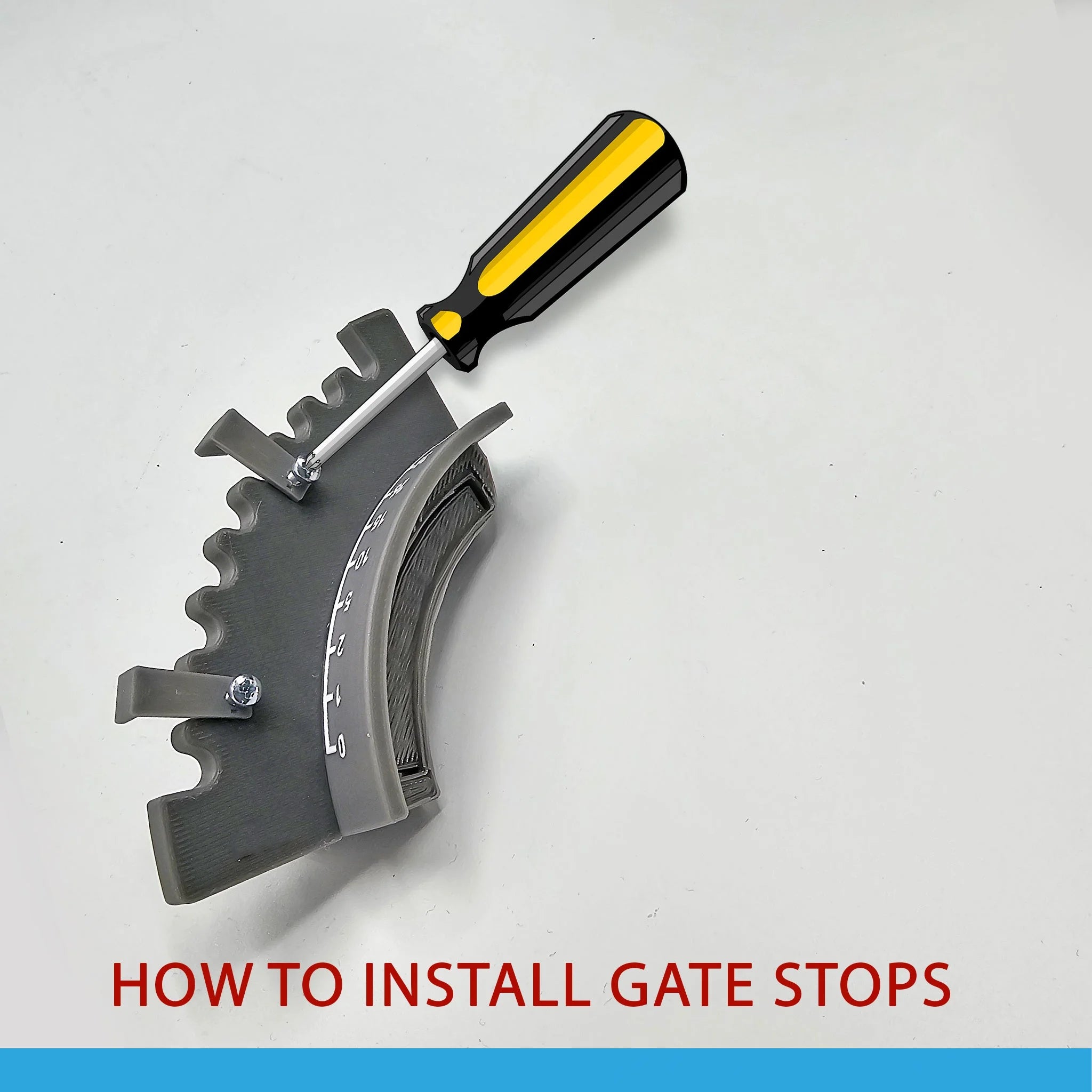 A metal gate stop with a serrated edge is displayed alongside a screwdriver, subtly evocative of the precision equipment used in the ProdeskSim Boeing 737 Advanced Full Package Addon for Honeycomb Bravo throttle quadrant. Beneath this, the text "HOW TO INSTALL GATE STOPS" appears in red on a plain, light gray background.