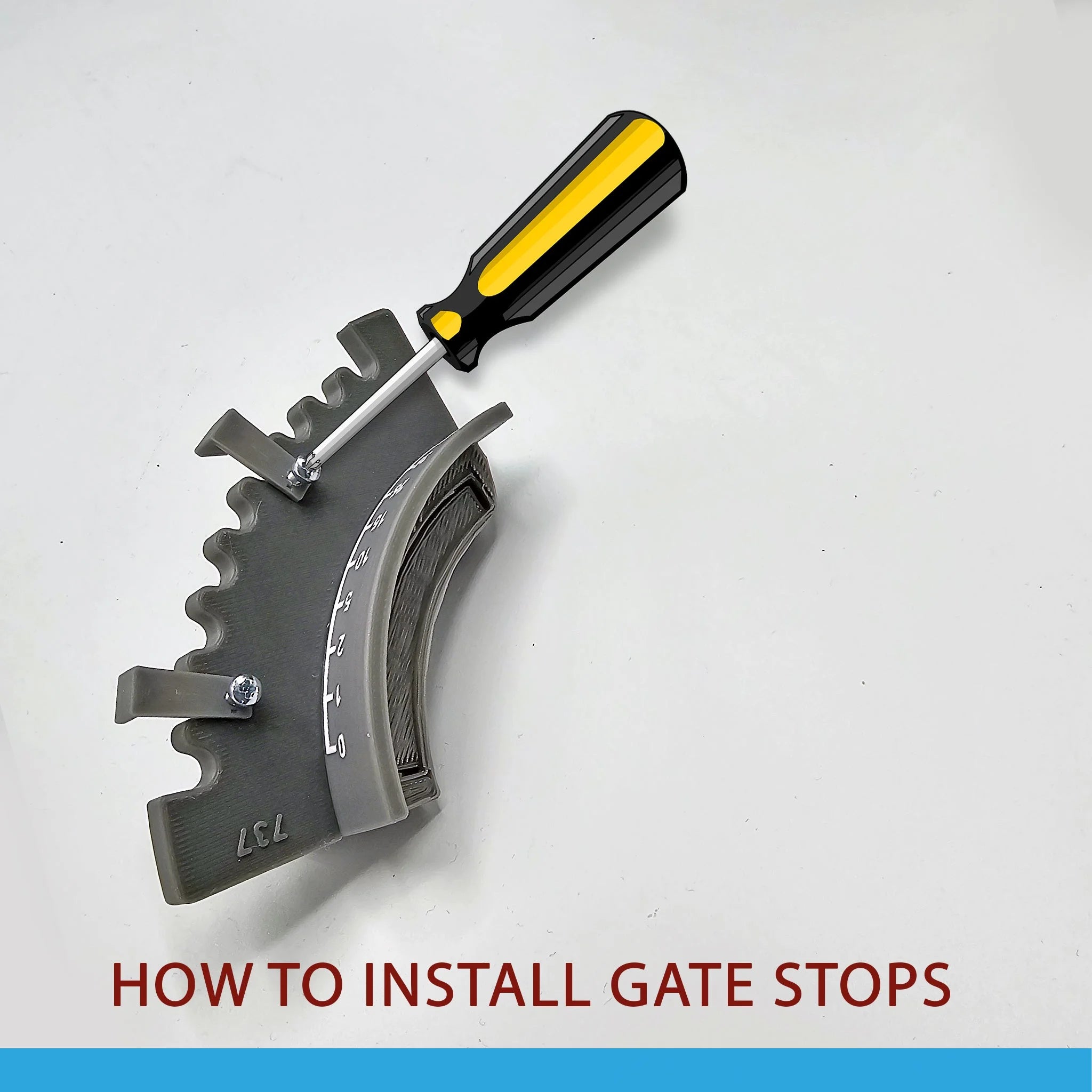 A Prodesksim gate stop with a jagged edge is securely fastened with screws to complete your flight simulation setup. A screwdriver is conveniently placed nearby for easy installation. The phrase "HOW TO INSTALL GATE STOPS" is prominently displayed at the bottom in red, echoing the experience of setting throttle levers on the NEW! ProDeskSim Full Boeing Advanced Full Package for Honeycomb Bravo and flight simulator add-ons.