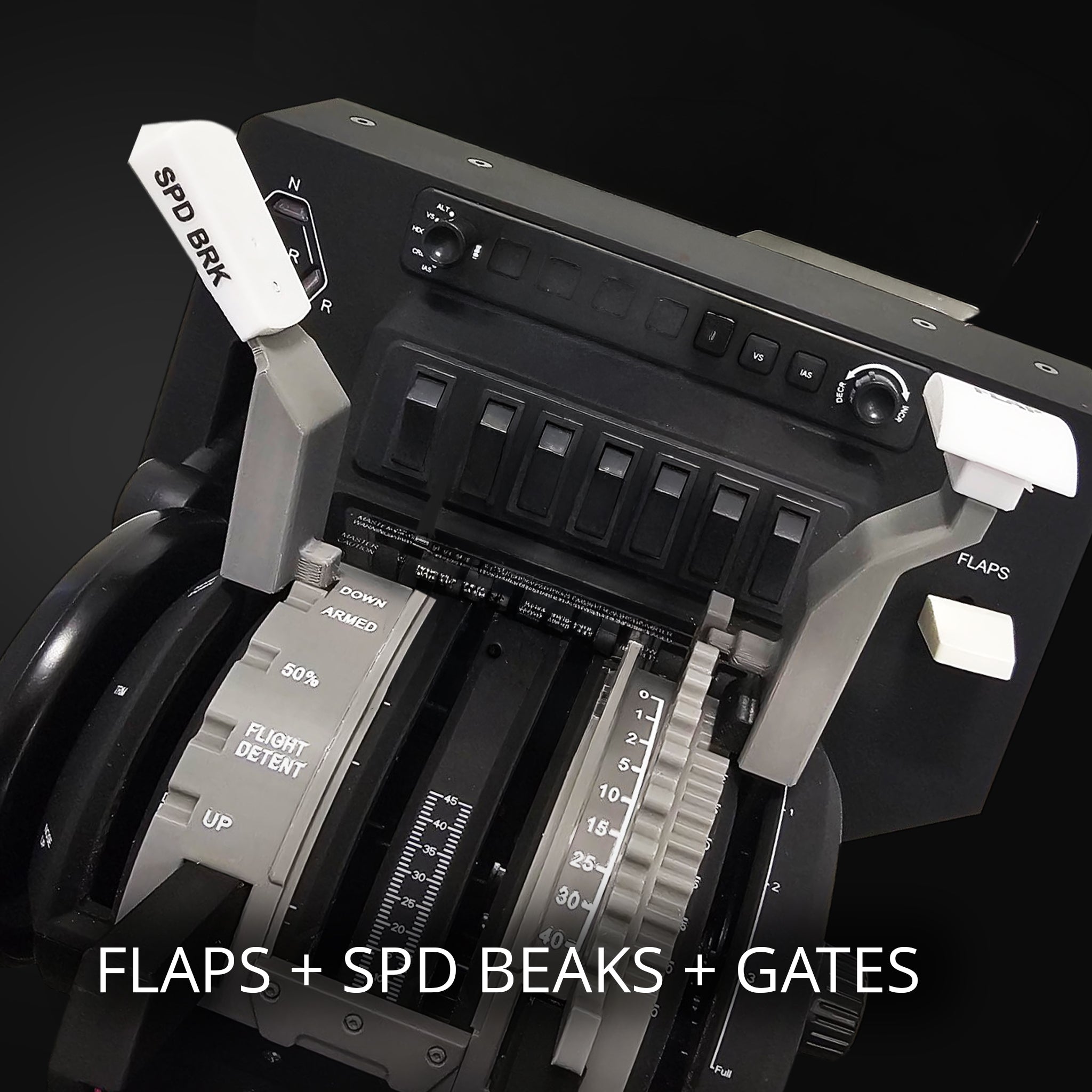 Close-up of a Prodesksim Flap + Speed Brake + Ultra Full Gates throttle quadrant addon, featuring clearly labeled levers for flaps and speed brakes. Designed as an X-plane attachment, it is fully compatible with MSFS 2020/2024. Text overlay reads: "FLAPS + SPD BRAKES + GATES.
