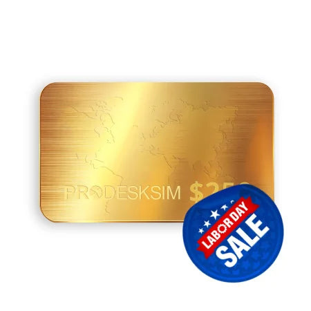 A Gold Gift Card engraved with a world map and "PRODESKSIM $250" gleams against a white backdrop. Perfect for special occasions, this Prodesksim gift card offers the ultimate flight experience with its sleek, metallic look. Delivered instantly and ready to use.