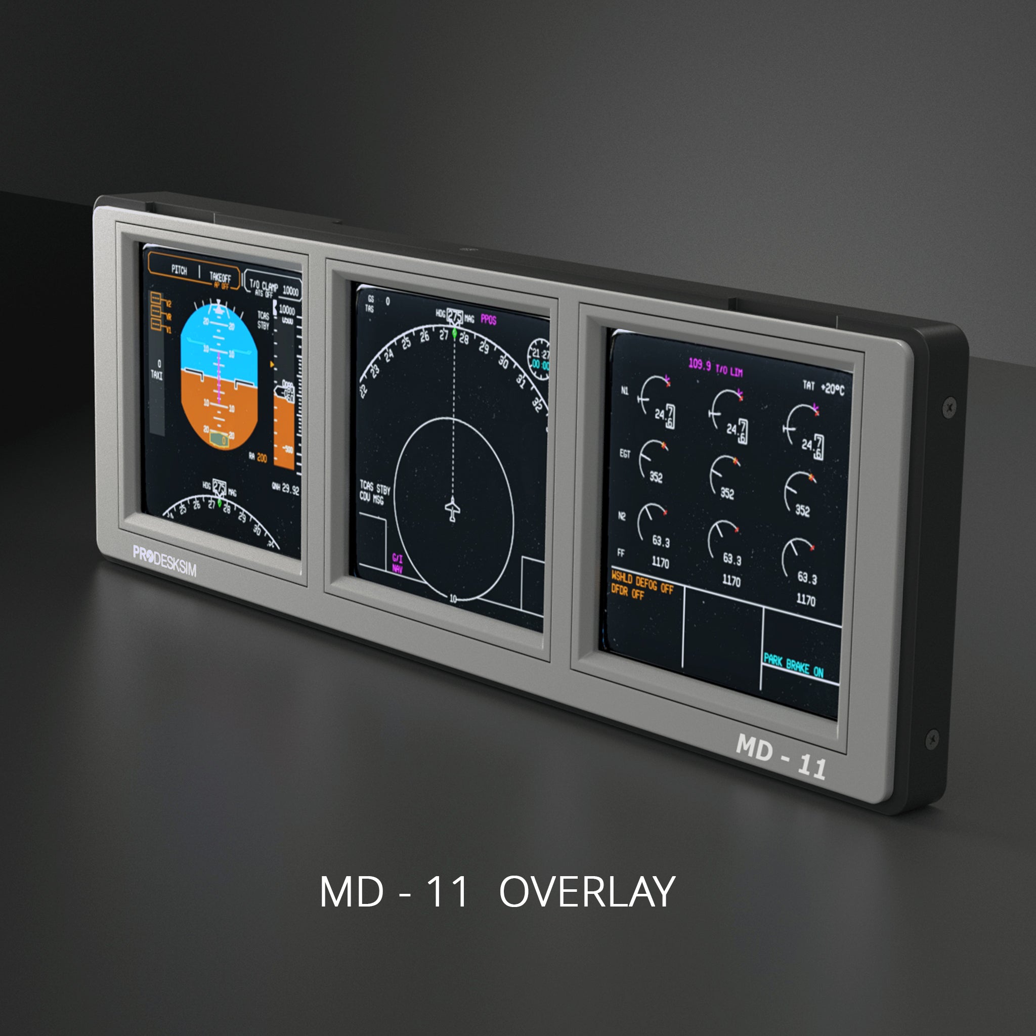 Three Prodesksim ProDeskSim Modular Display Units are mounted side by side, displaying flight instruments and data for an MD-11. “MD-11 OVERLAY” appears below the units on a dark background.