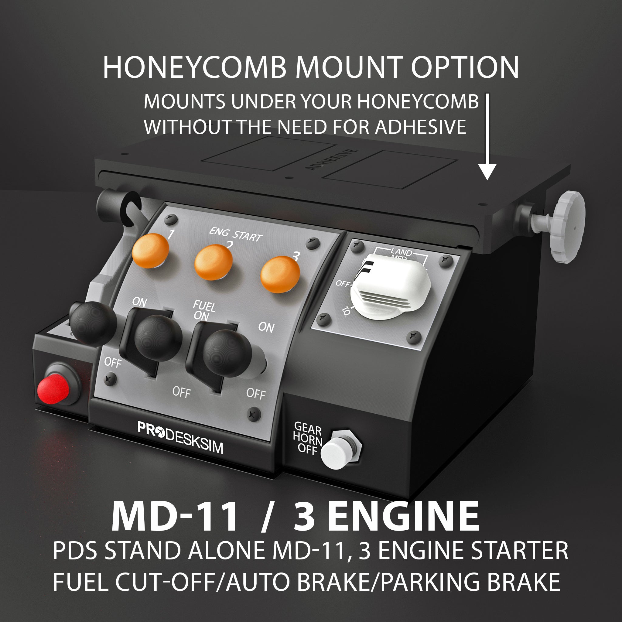 The Prodesksim NEW! ProDeskSim Stand Alone MD-11 features a black/gray 3-engine starter, fuel cut-off, auto brake, and parking brake panel—plus honeycomb mount option—perfect for any home cockpit setup.