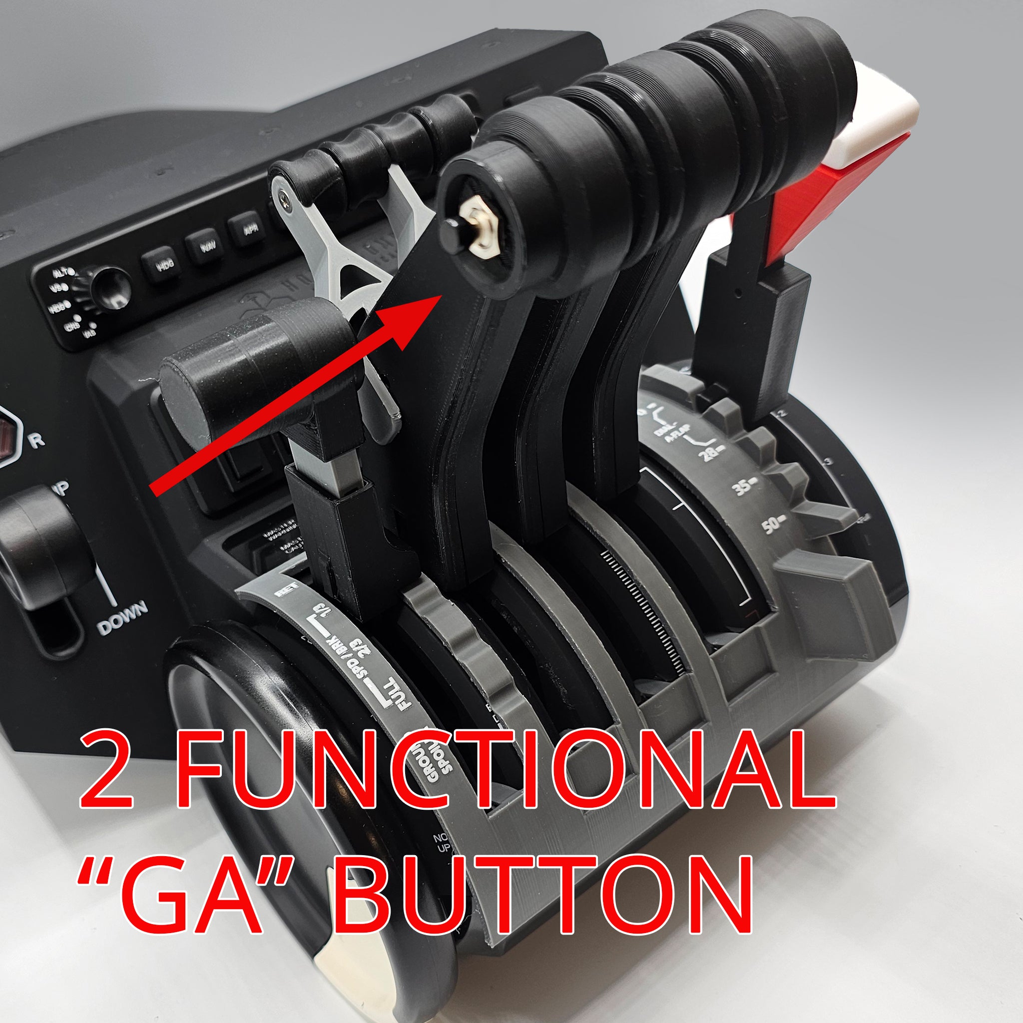 Here's a revised version of the sentence using the provided product data:

Close-up of a flight simulator throttle quadrant, featuring the Prodesksim McDonnell Douglas MD-11 throttle pack, with a red arrow highlighting two "GA" buttons on the levers. The text on the image reads: "'2 FUNCTIONAL 'GA' BUTTONS", showcasing its realistic design.