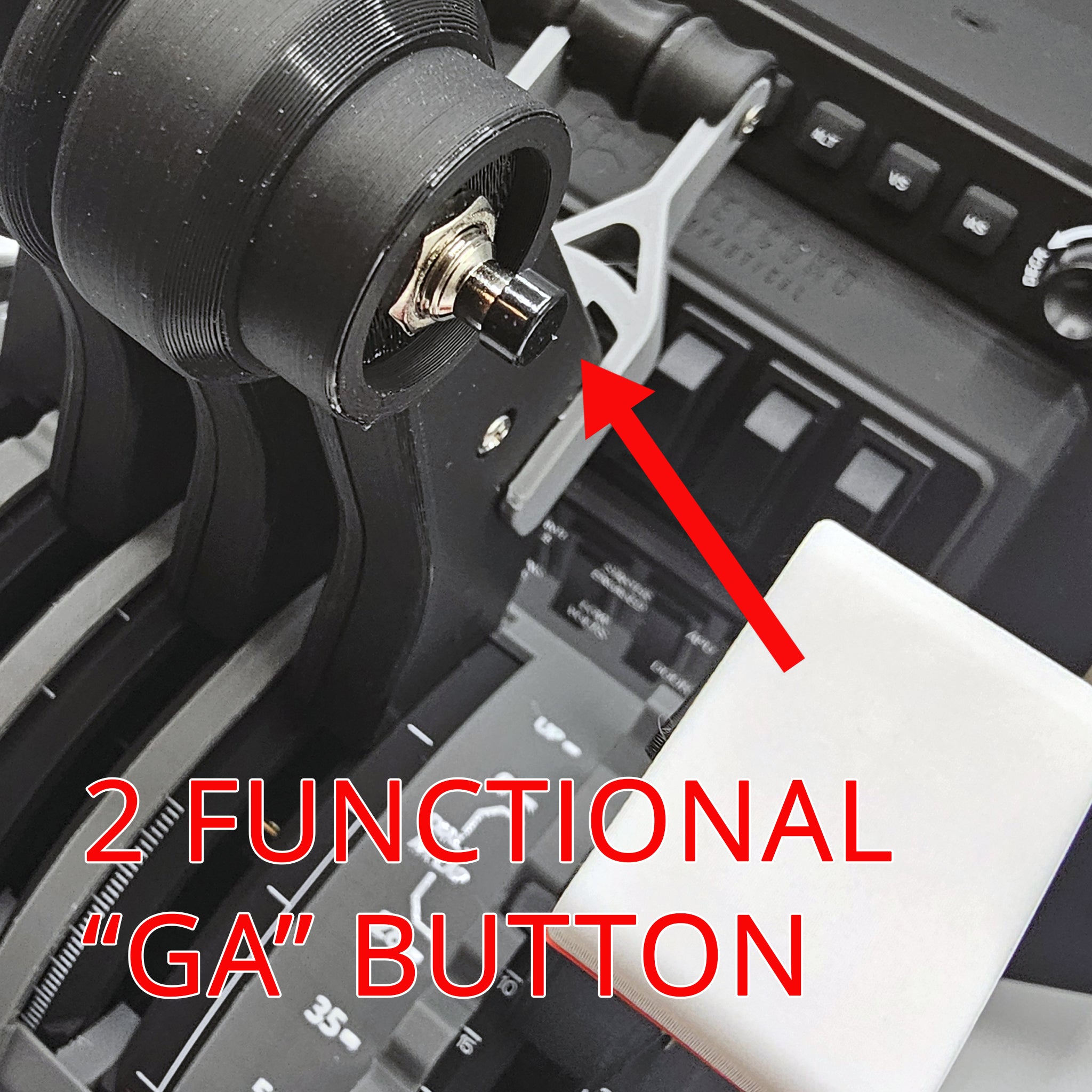 A close-up view of the Prodesksim McDonnell Douglas MD-11 attachment for the Honeycomb Bravo throttle, featuring an authentic mechanical throttle quadrant design. The image highlights a striking red arrow pointing to the "GA" button, accompanied by the text "2 FUNCTIONAL 'GA' BUTTON" for a true-to-life aviation experience with Microsoft Flight Simulator.