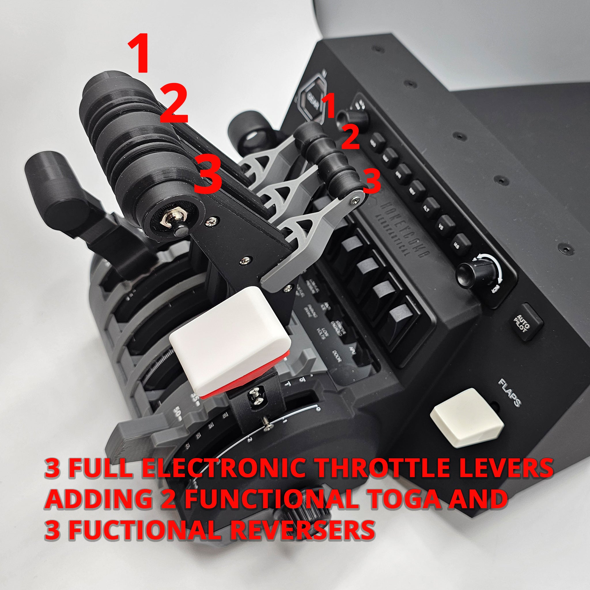 Detailed view of the Prodesksim McDonnell Douglas MD-11 throttle quadrant, designed for the Honeycomb Bravo throttle and Microsoft Flight Simulator. It features three electronic throttle levers, including the MD-11 throttle pack, along with two TOGA buttons and three functional reversers. A computerized display is visible in the background, with red text highlighting features of this realistic design by Prodesksim.
