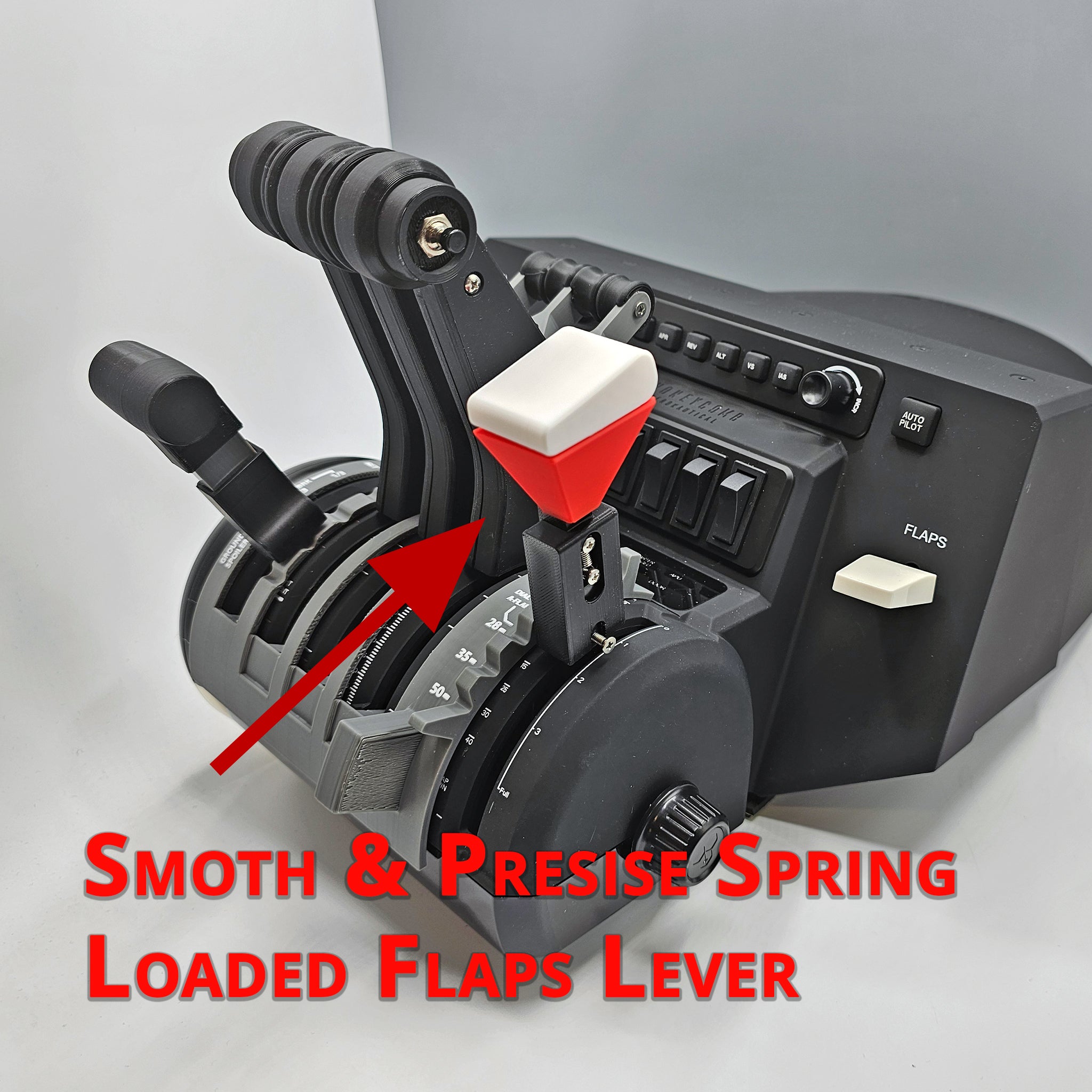 The image showcases a close-up of the Prodesksim McDonnell Douglas MD-11 throttle quadrant, designed for the Honeycomb Bravo and Microsoft Flight Simulator. It features a black and gray design with a distinctive red and white spring-loaded flaps lever. The text on the image, in bold red capital letters, reads, "Smooth & Precise Spring Loaded Flaps Lever.