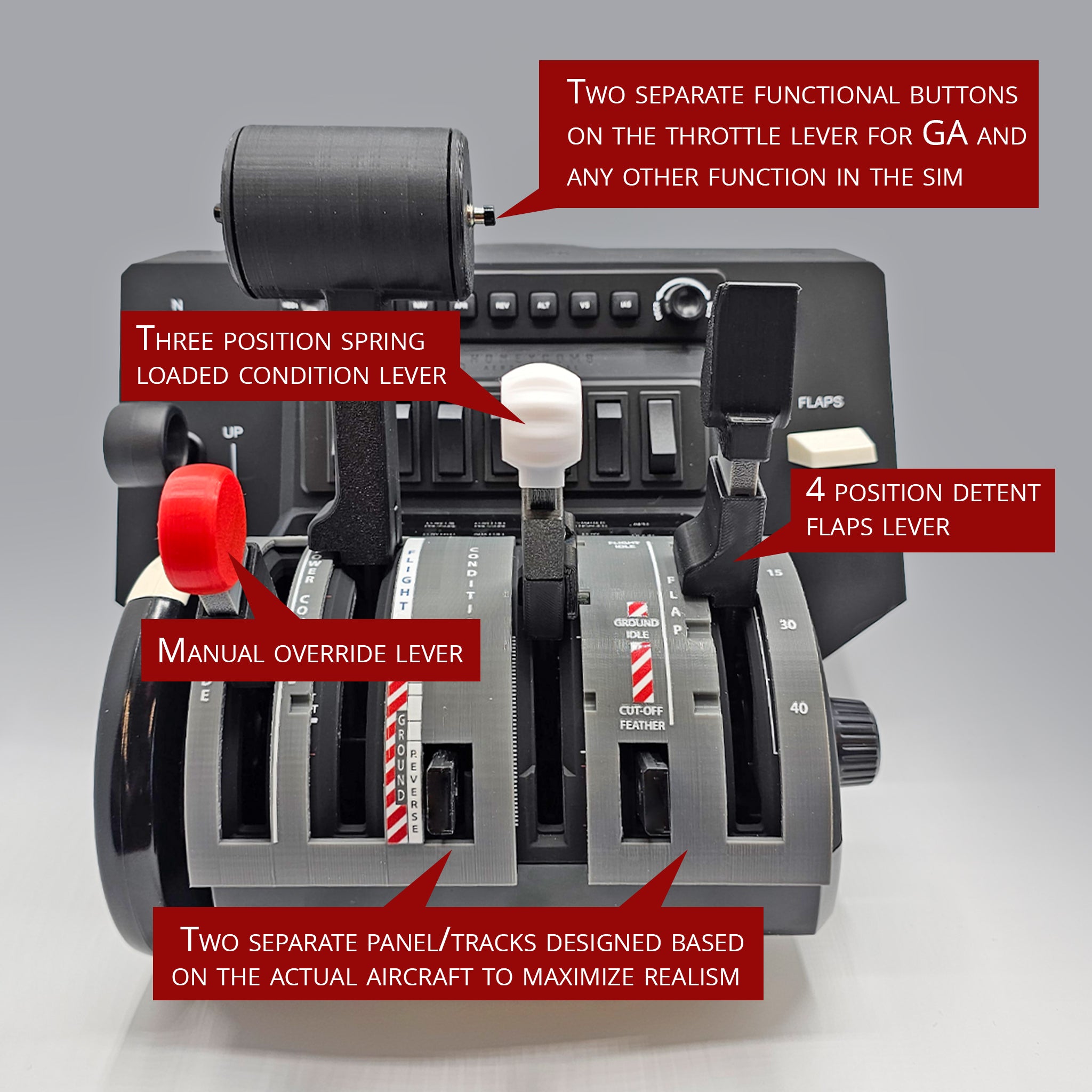 The NEW! ProDeskSim Pilatus PC-12 Addon/Mod package for the Honeycomb Bravo Throttle Quadrant by Prodesksim elevates your flight simulation experience with its intricately labeled levers: a throttle equipped with buttons, a spring-loaded condition lever, a manual override lever, a four-position detent flaps lever, and additional panels for heightened realism. Ideal for fans of the Pilatus PC-12 model.