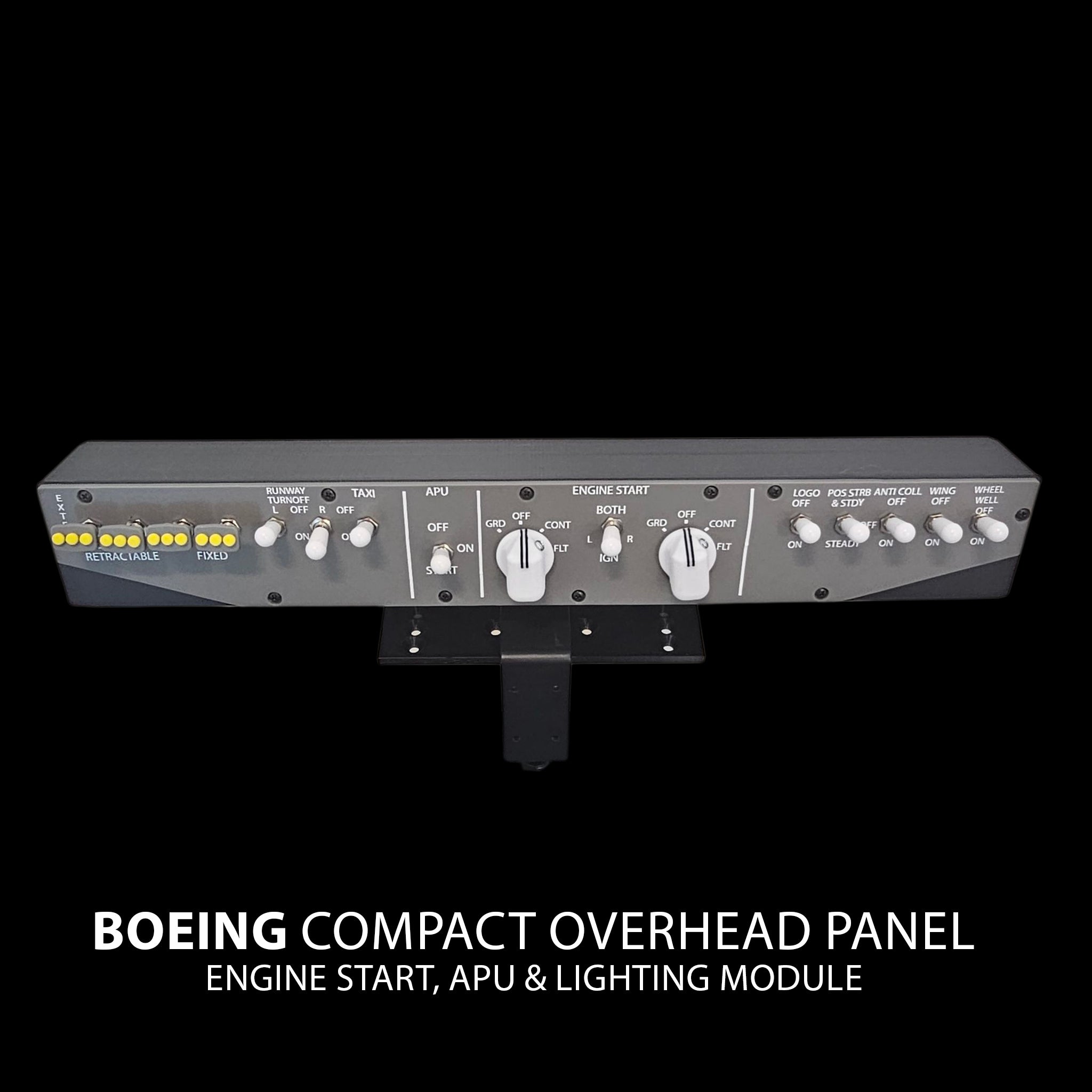 The Prodesksim Stand Alone B737 Engine Start/APU/Lights module Overhead panel is desk-mounted with a clamp for stand-alone users. White arrows highlight the base’s "easy slide" feature for simple, adjustable positioning.