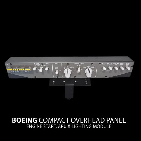 The Prodesksim Stand Alone B737 Engine Start/APU/Lights module Overhead panel is desk-mounted with a clamp for stand-alone users. White arrows highlight the base’s "easy slide" feature for simple, adjustable positioning.