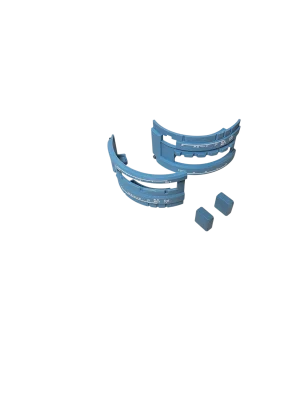 Two blue plastic dental impression trays and two small blue blocks are arranged on a white background, echoing the organized style of the Prodesksim NEW! Airbus A319-A321 Advanced addon for the Honeycomb Bravo throttle quadrant.