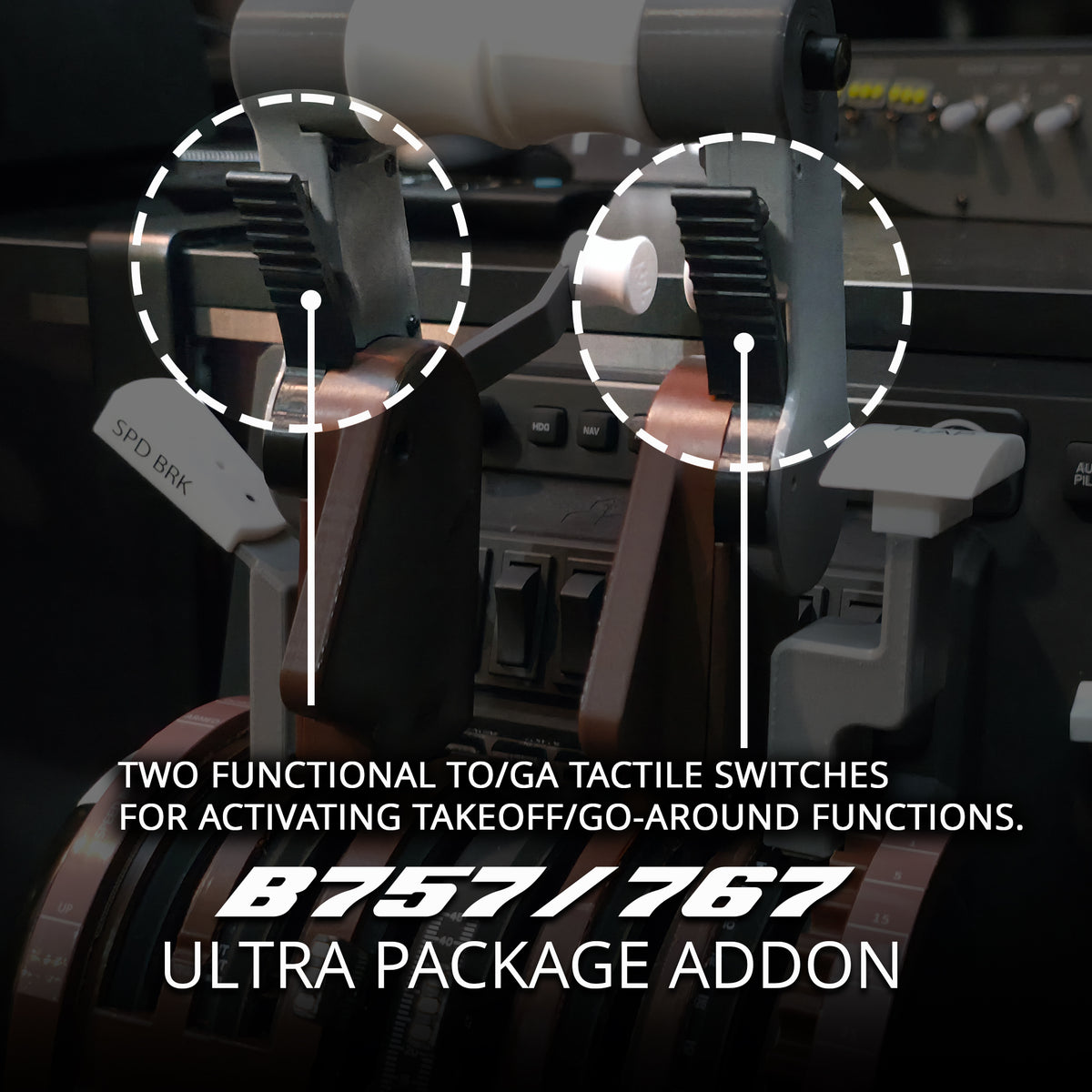 ProDeskSim Boeing 757/767 Ultra Throttle addon flight simulator throttle levers featuring two highlighted TO/GA tactile switches for activating takeoff and go-around functions.