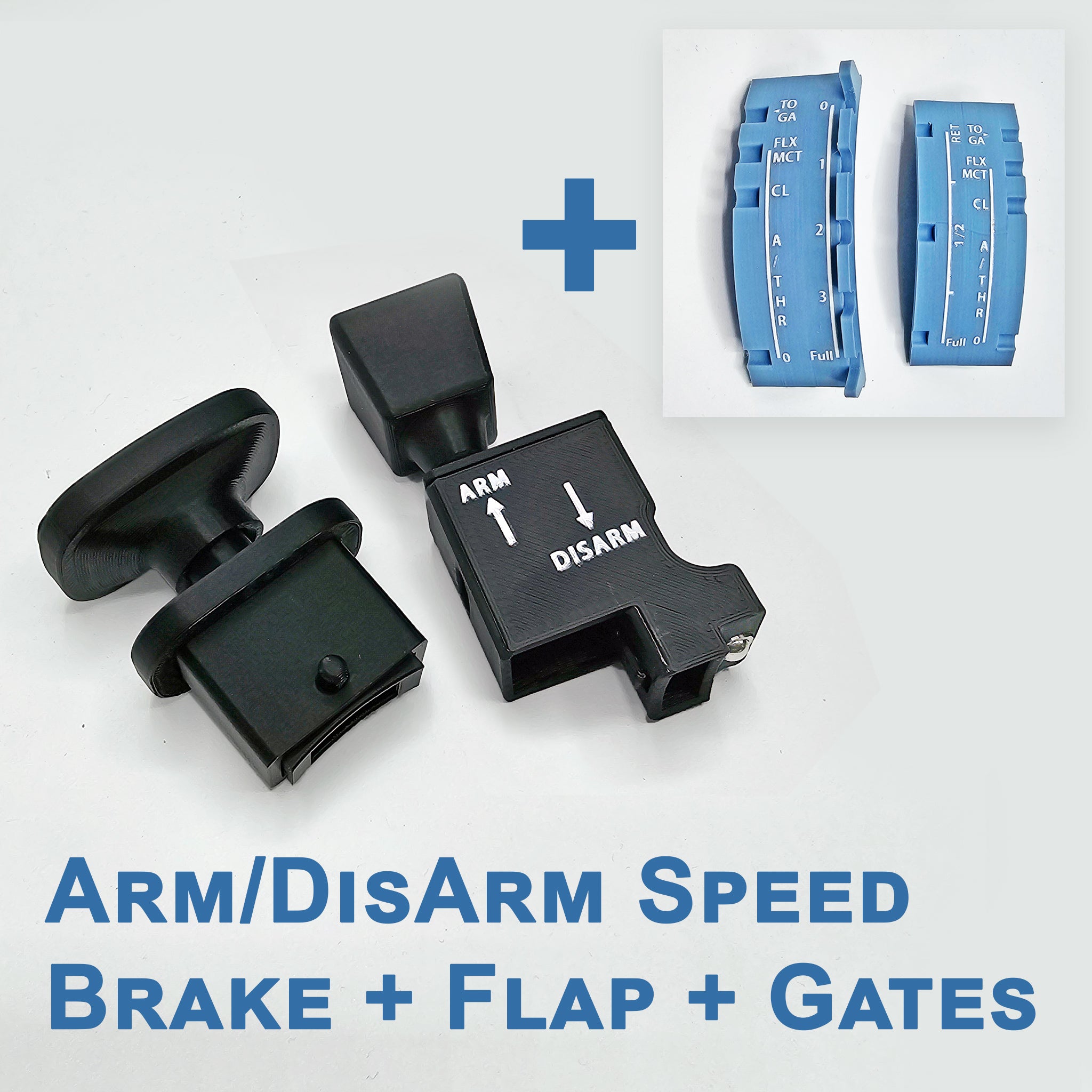 Components for aircraft control systems, featuring the Prodesksim Airbus Spring loaded flaps and Arming Speed Brake panel. This setup includes black arm/disarm speed brake and flap switches with white labels, complemented by blue control levers for gates. The text reads: "Arming Speed Brake + Flap + Gates.