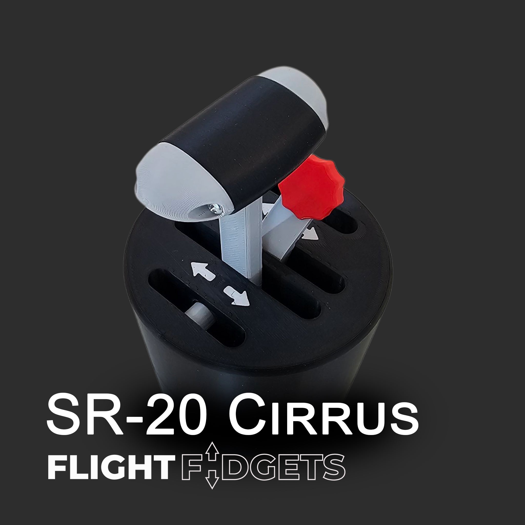 The SR-20 Cirrus - The Cup Holder Flight Fidget by FlightFidgets.com is a black and gray throttle quadrant with a red knob, labeled arrows, and "SR-20 Cirrus" for airplane enthusiasts seeking a unique sensory experience.
