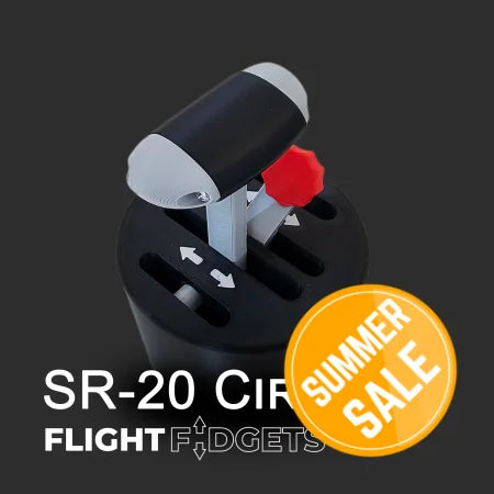 The SR-20 Cirrus - The Cup Holder Flight Fidget by FlightFidgets.com is a black and gray throttle quadrant with a red knob, labeled arrows, and "SR-20 Cirrus" for airplane enthusiasts seeking a unique sensory experience.