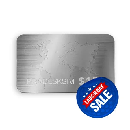 The Silver Gift Card from Prodesksim, featuring an elegant world map design, is the perfect choice for travelers. An elegant engraving of "PRODESKSIM $150" at the bottom makes it an ideal gift for travel enthusiasts. Delivered instantly and ready to use, this card gives the gift of flight.